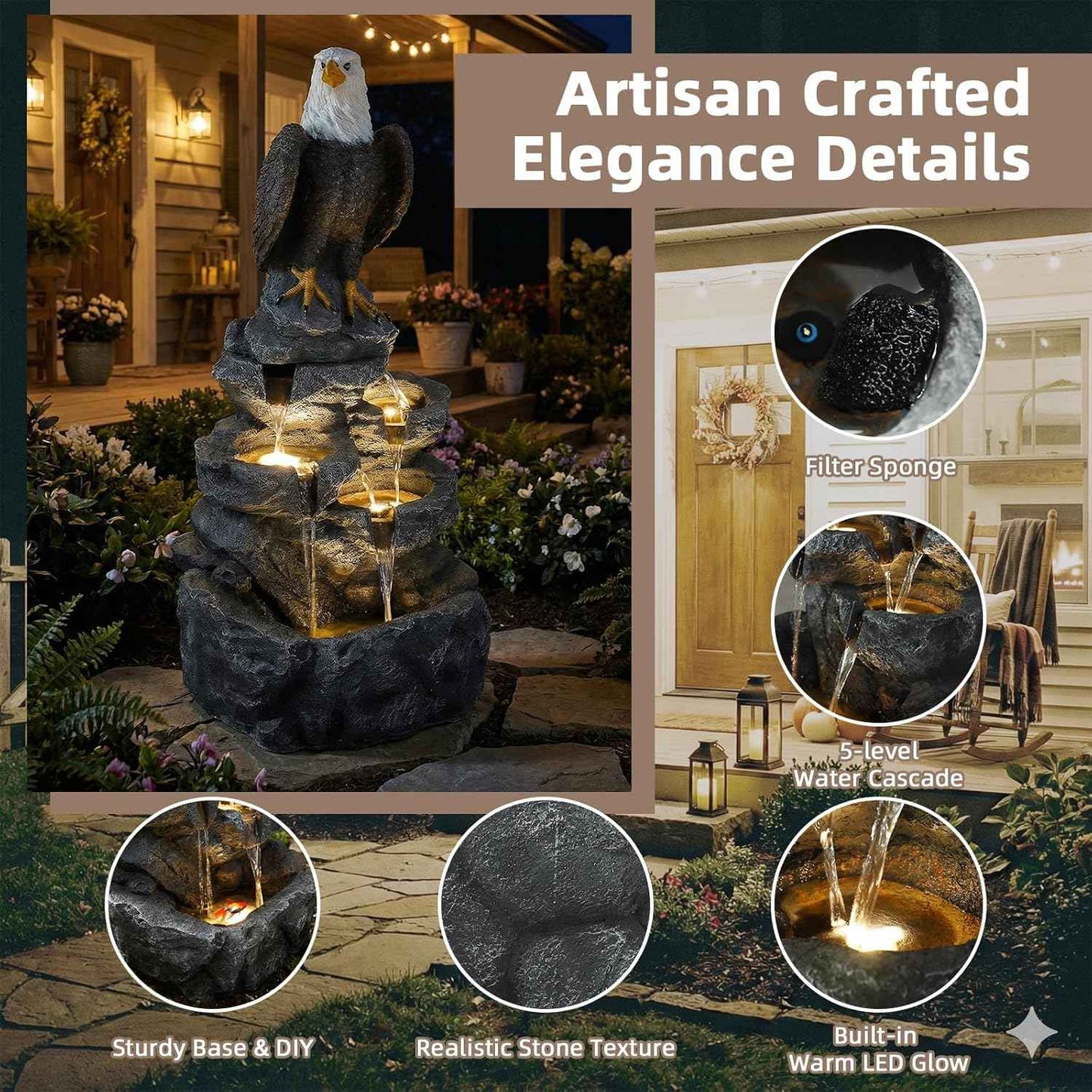 5 Tier Garden Fountain with Bald Eagle Statue, Outdoor Resin Water Feature with 4 LED Lights & Pump, Rock Cascading Waterfall Fountain for Patio Yard Porch Balcony and Home Art Decor