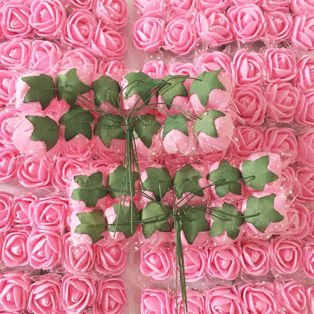 Mini Fake Rose Flower Heads 144pcs Mini Artificial Roses DIY Wedding Flowers Accessories Make Bridal Hair Clips Headbands Dress (Bottom add Gauze) Pink