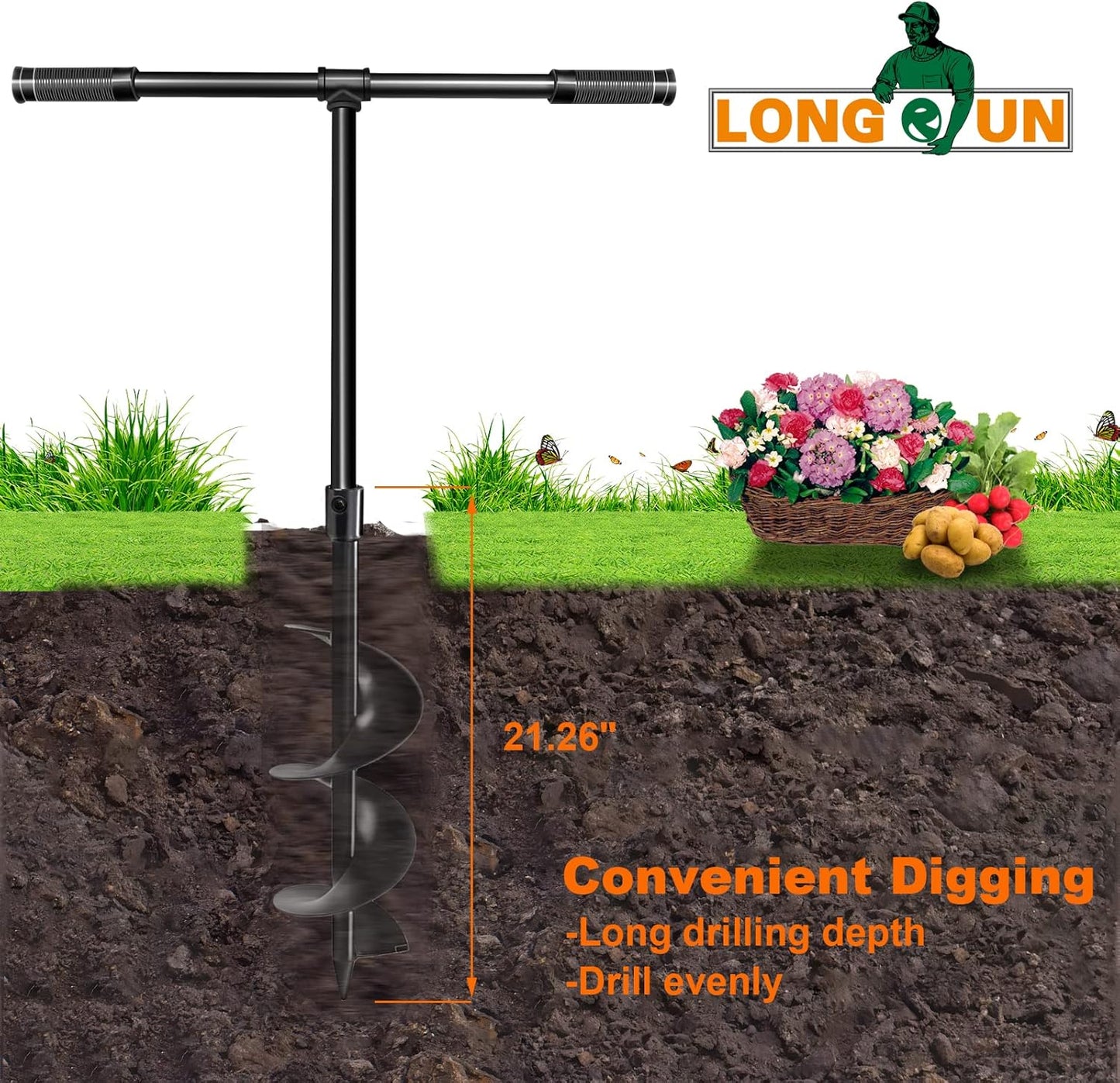 LONGRUN Manual Garden Hole Digging Drill Bit, Hand Drill Auger Post Hole Digger for Planting, Spiral Drill Planter for Bulb, Flower, Tree, Seedlings, Bedding Plants, Umbrella, Fence Holes-6"x 38"