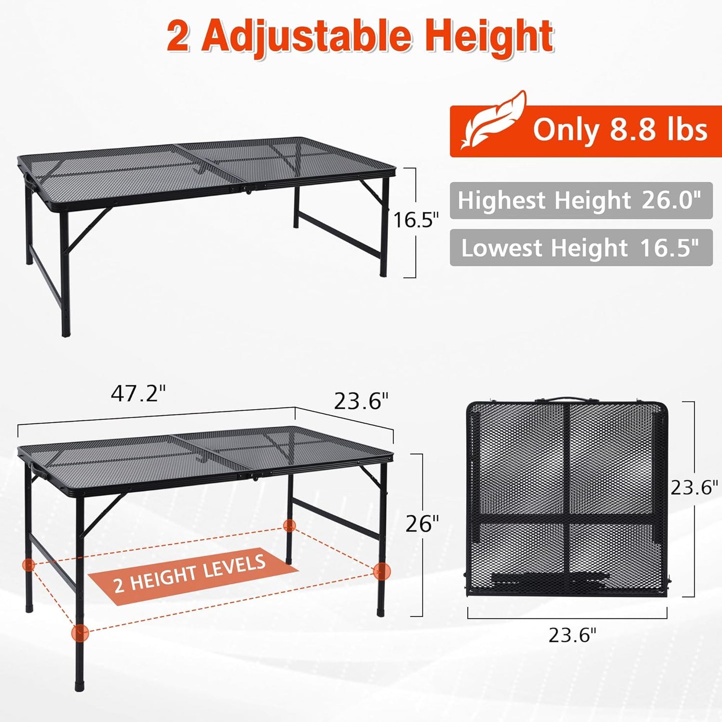 Folding Grill Table, 4x2 FT Portable Camping Table, Lightweight Height Adjustable Metal Tables with Mesh Desktop and Mesh Bag, Outdoor Tables for Camping, Picnic, Beach and BBQ, Black