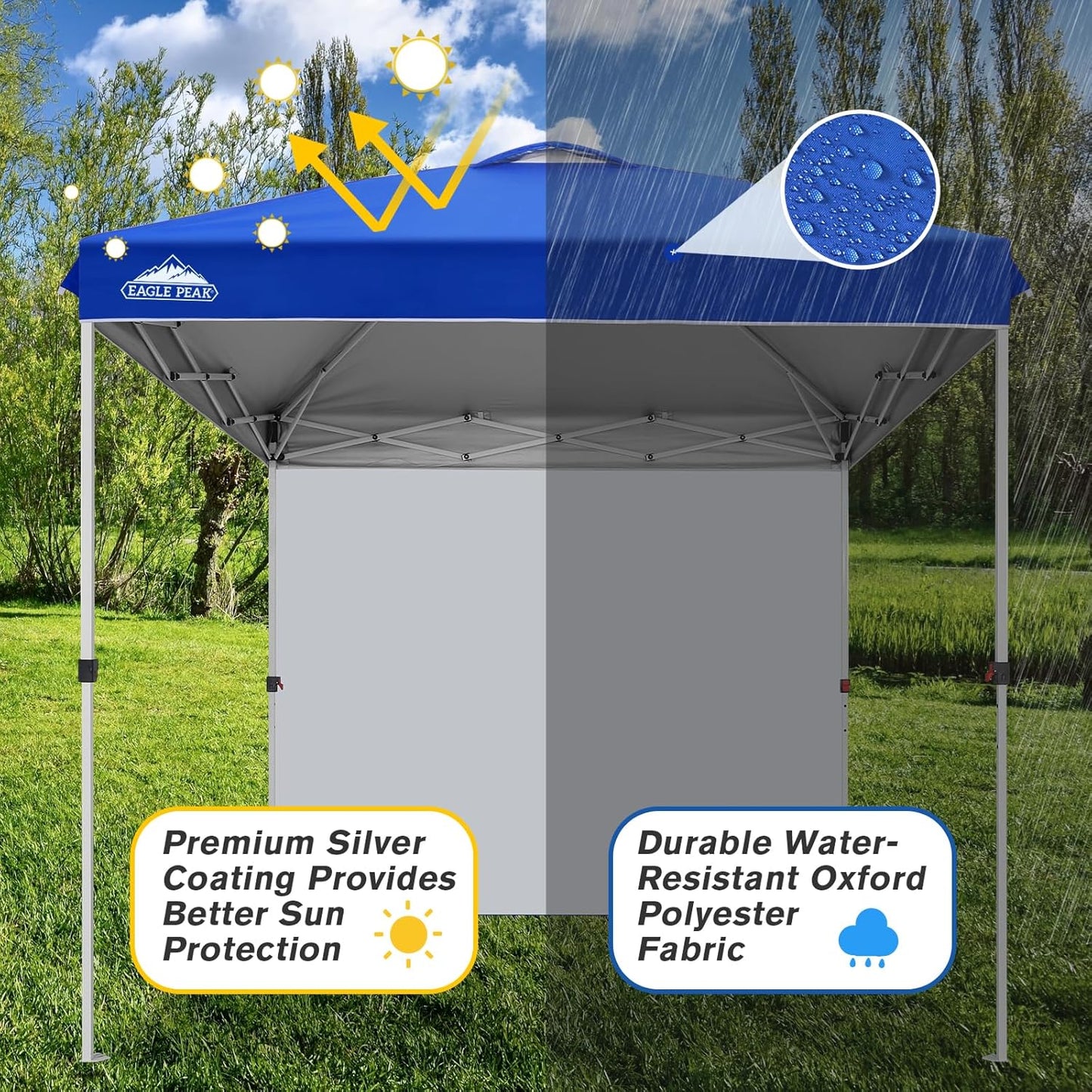 EAGLE PEAK Pop Up Canopy Tent with 1 Sidewall, Easy Setup Event Tent, Outdoor Sun Shade, Wheeled Carry Bag, Stakes and Guy Ropes, Instant Canopy 8x8, Blue