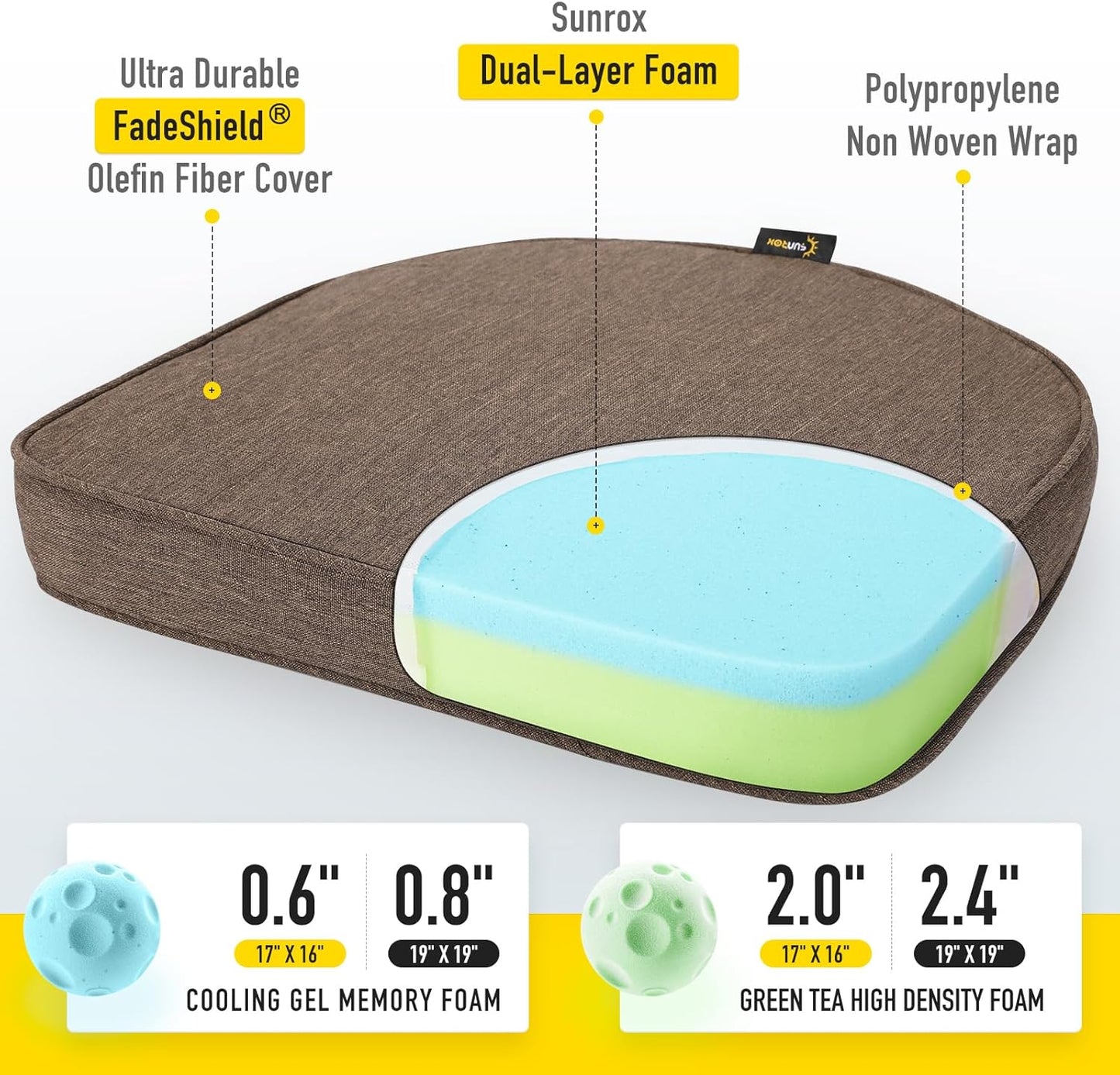 SUNROX Gel Memory Foam Chair Cushions, FadeShield Water-, Stain-Resistant Durable Reversible Seat Cushion Pads with Ties for Indoor/Outdoor Kitchen Dining Office, 19"x19", Set of 2, Heather Chestnut