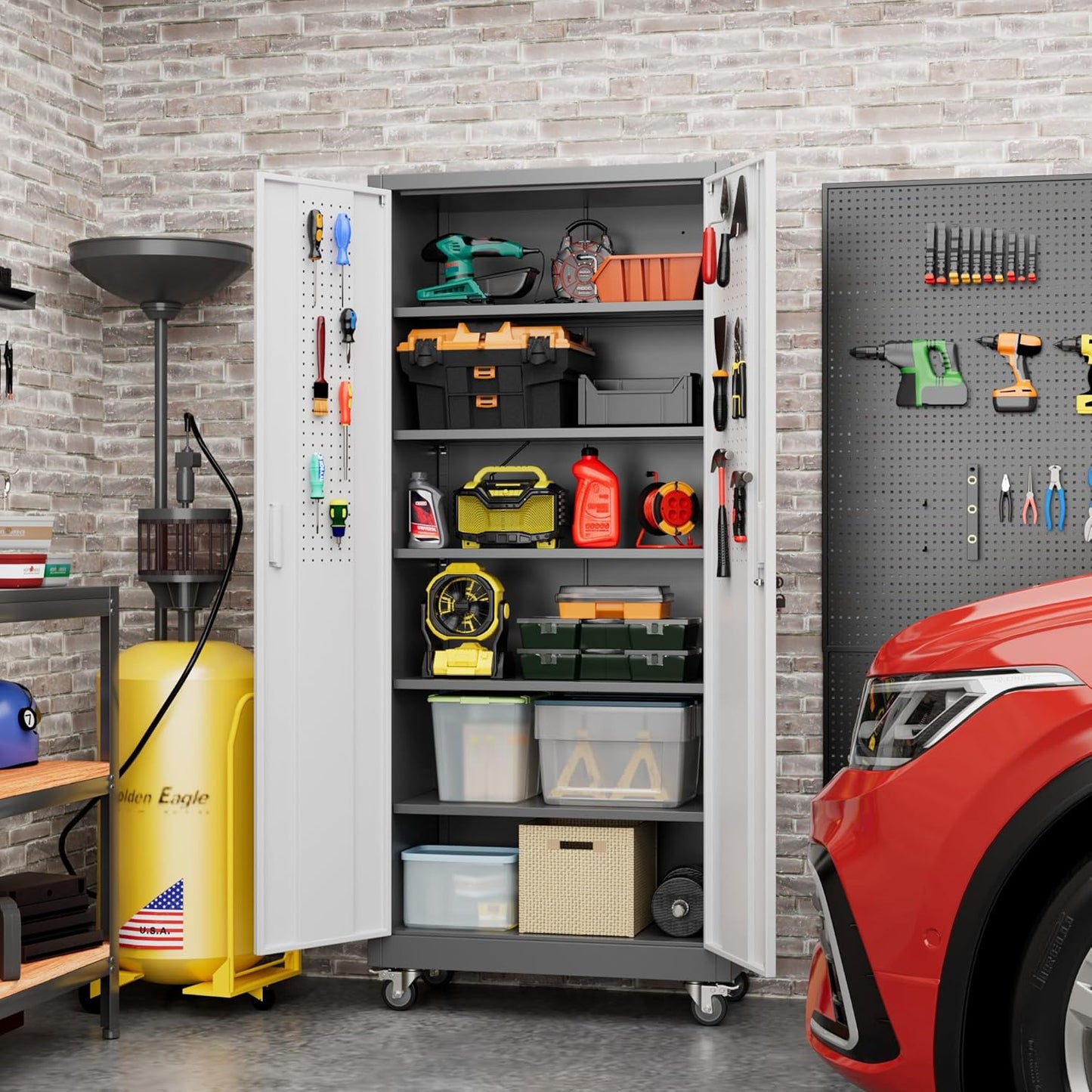 Metal Garage Storage Cabinet with Wheels & Pegboard, Lockable Metal Storage Cabinets with 2 Doors&5 Adjustable Shelves for Garage&Home,Assembly Required,Gray White 71''H x32''W x16''D