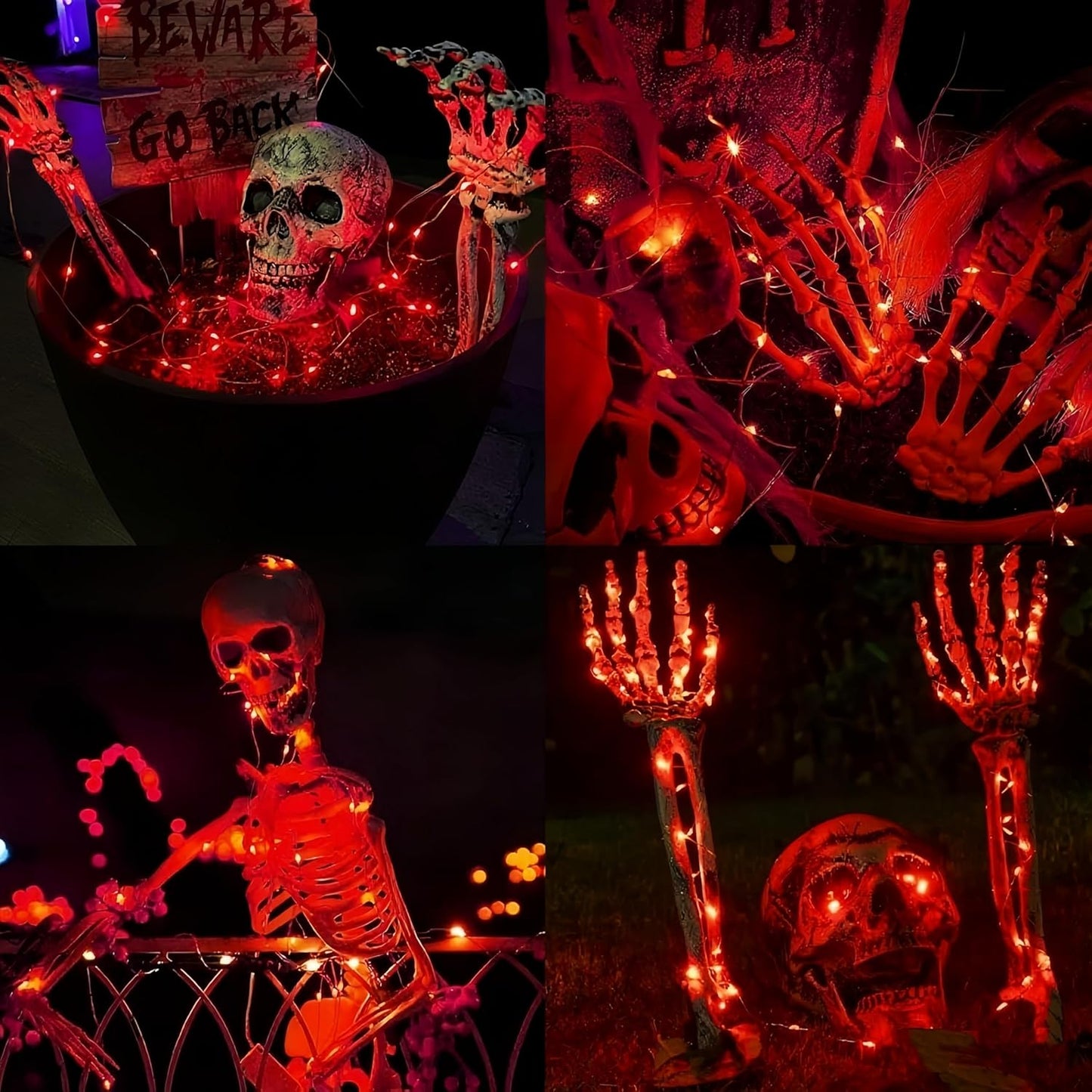 YEGUO Red Halloween Lights Outdoor Waterproof, 4 Pack Each 33ft 100 LED Solar Fairy Lights, 8 Modes String Light for Outside