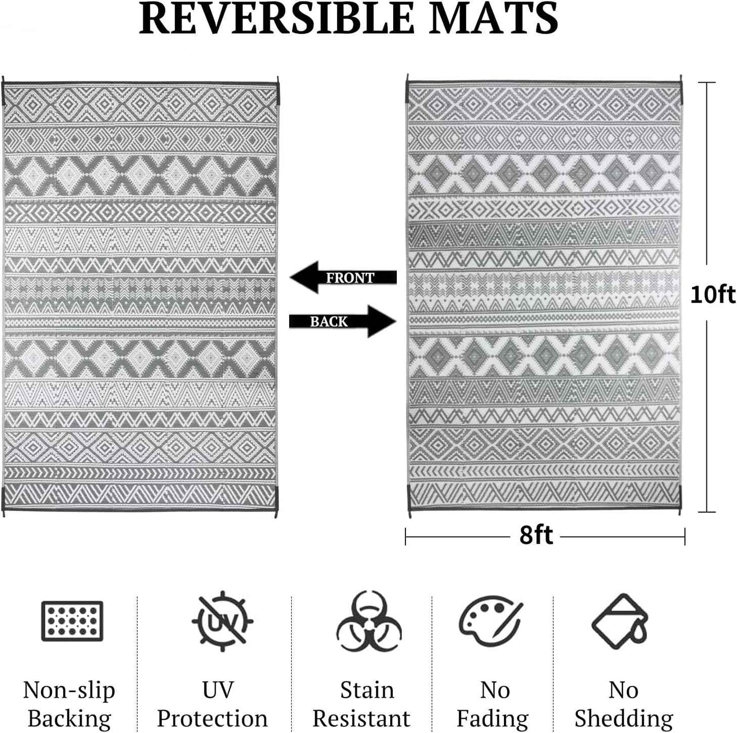 Waterproof Outdoor Rug 8x10 ft, Reversible Plastic Straw Patio Camping Rugs, Outdoor Indoor RV Mat Carpet for Patio, Outside Entry, Backyard, Deck, Bench, Picnic, Camper(8x10,Gray&White)