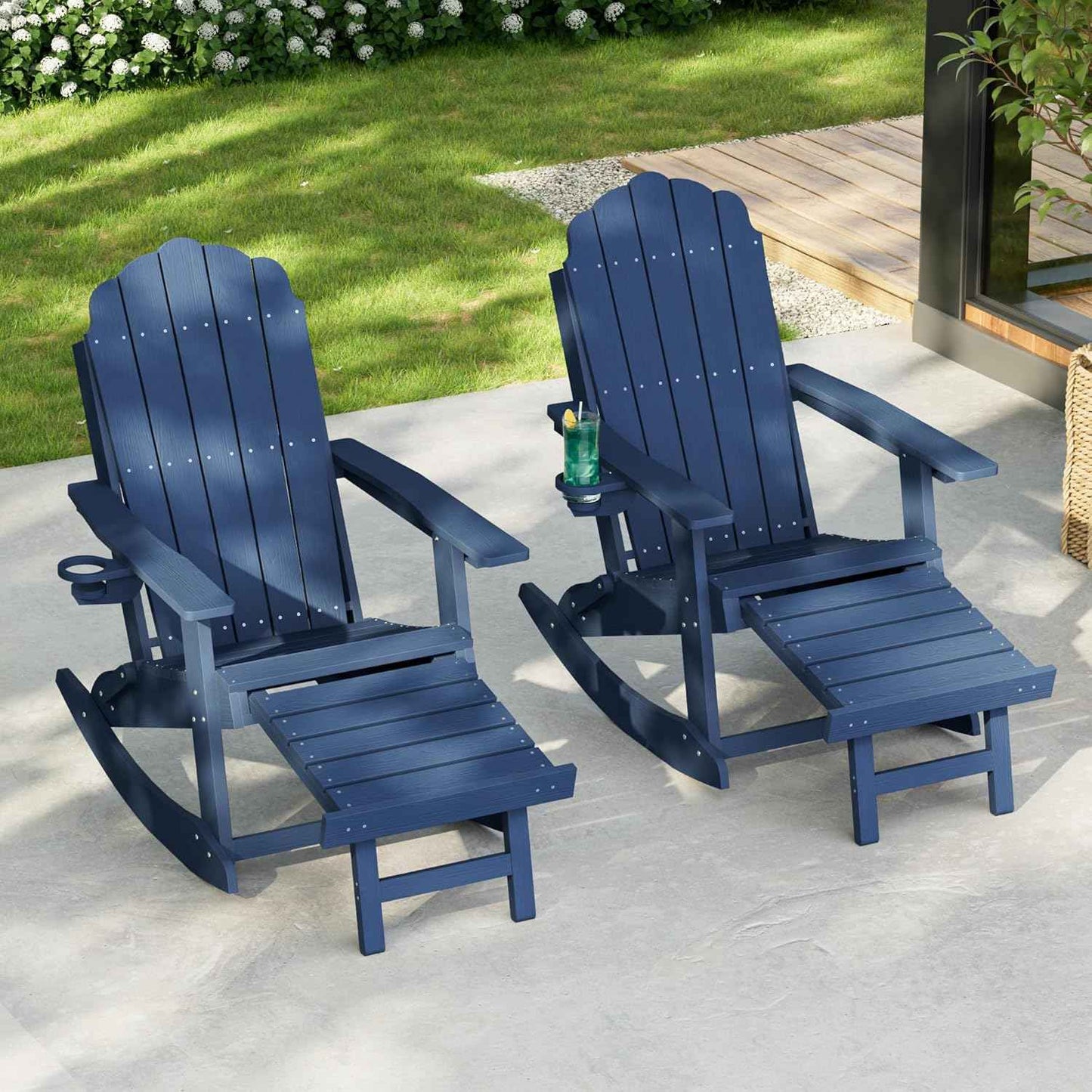 HDPE Outdoor Rocking Chairs Set of 2, 4-in-1 Folding Adirondack Chair with Retractable Ottoman, Patio Rocker with 3-Position Adjustable Backrest & Cup Holder for Porch, Backyard, Pool, Navy Blue