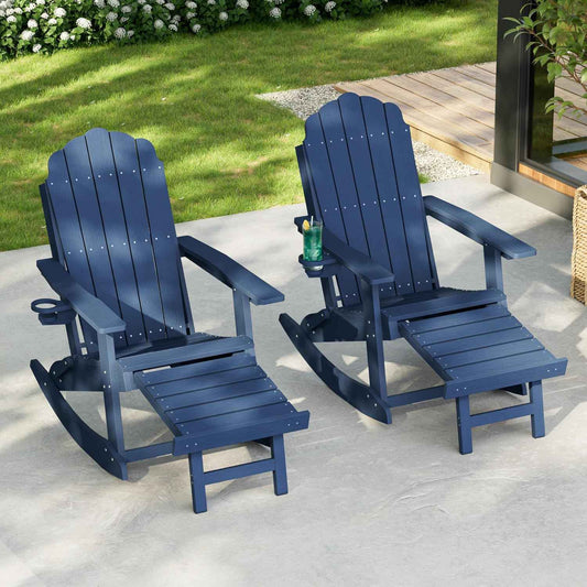HDPE Outdoor Rocking Chairs Set of 2, 4-in-1 Folding Adirondack Chair with Retractable Ottoman, Patio Rocker with 3-Position Adjustable Backrest & Cup Holder for Porch, Backyard, Pool, Navy Blue