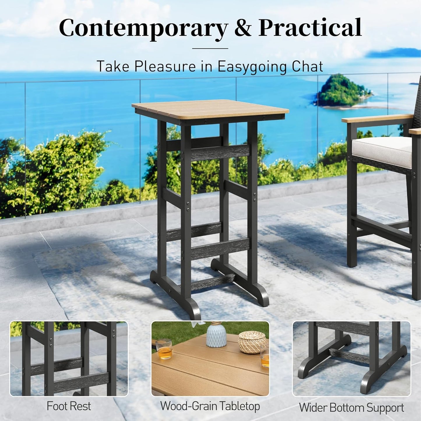 SUNSHINE VALLEY Outdoor Bar Set 3 Piece, All Weather HDPE High Top Table and Wicker Bar Chairs with 3.2” Cushion, Bar Height Patio Set for Backyard Poolside, Black