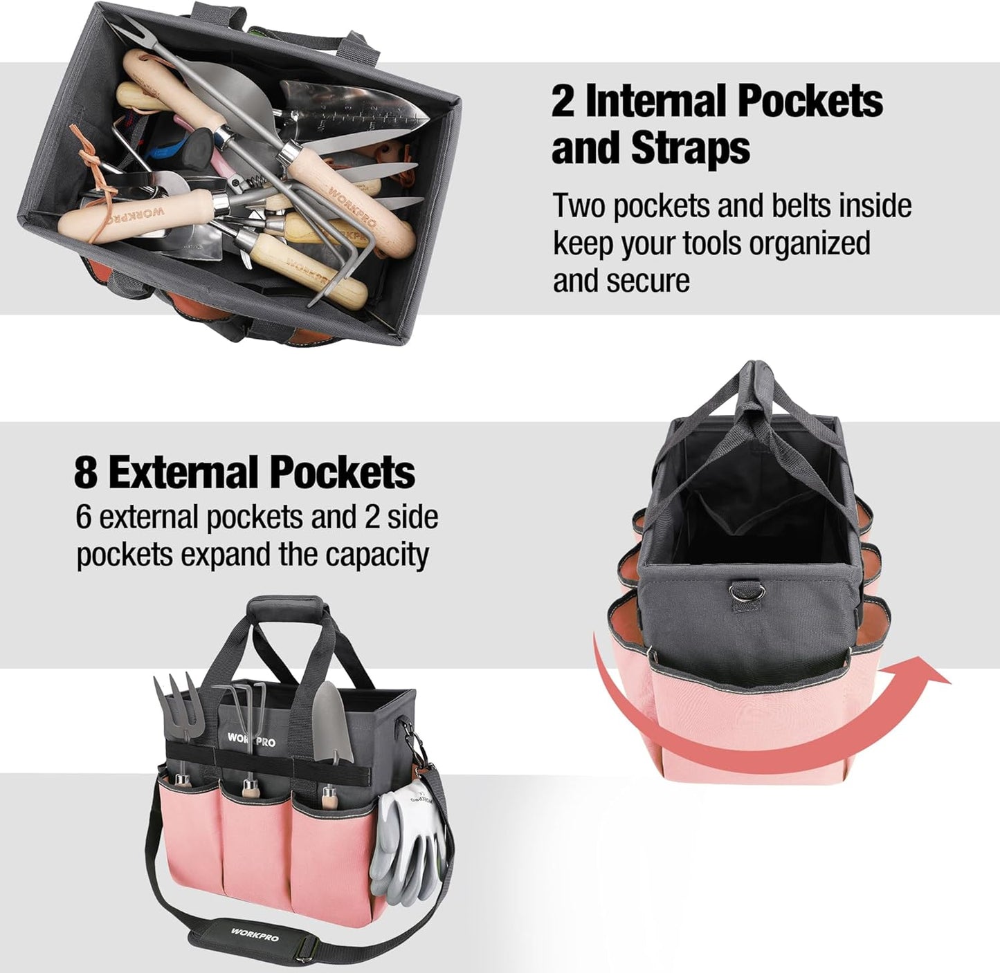 WORKPRO Garden Tool Bag, Heavy Duty Gardening Tote Bag Organizer with 10 Pockets and Long Adjustable Shoulder Strap, Standable Garden Home Tool Kits Organizer, Pink