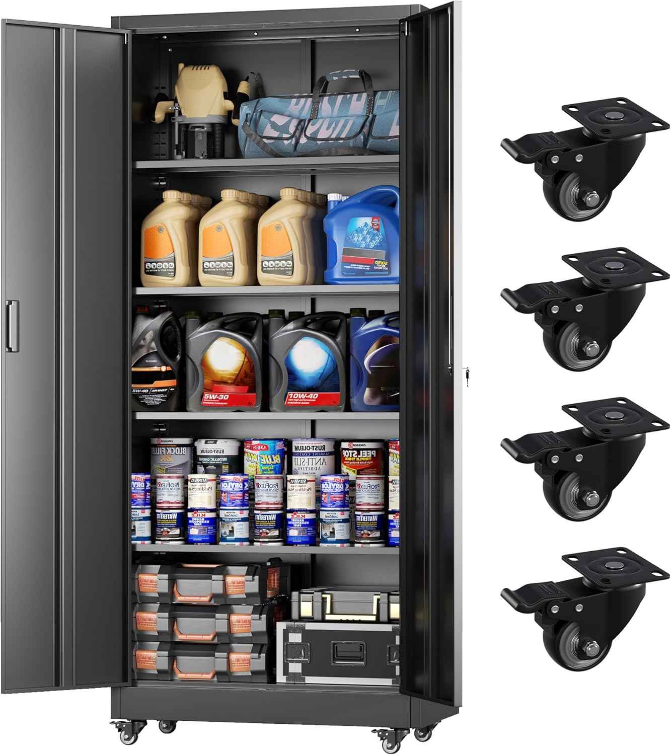 Greenvelly Metal Garage Storage Cabinet with 4 Swivel Wheels, 73” Black Storage Cabinet on Wheels, Rolling Tool Cabinet with Locking Doors and Shelves for Garage, Basement, Home, Warehouse