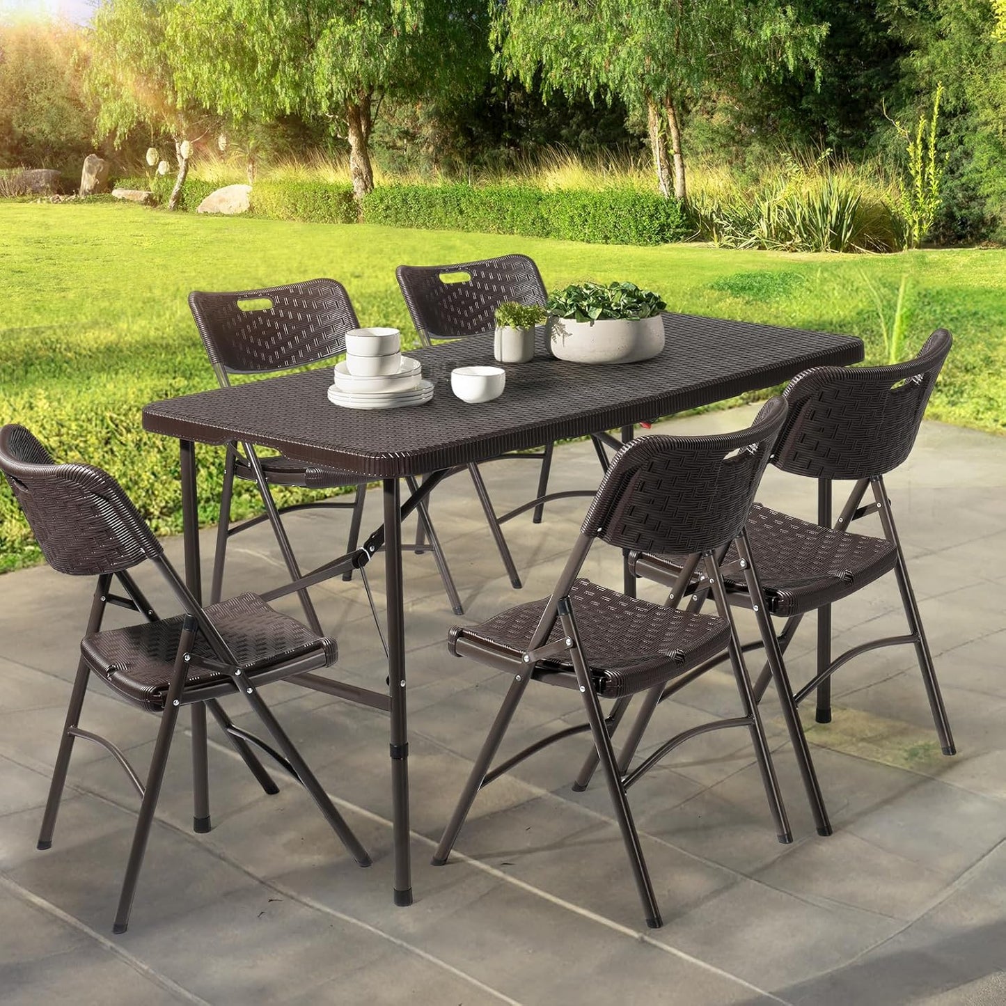 VINGLI 4 FT Plastic Folding Camping Table, Portable in/Outdoor Party Picnic Dining Desk,Garden Soccer Multipurpose Entertaining Activities, Brown