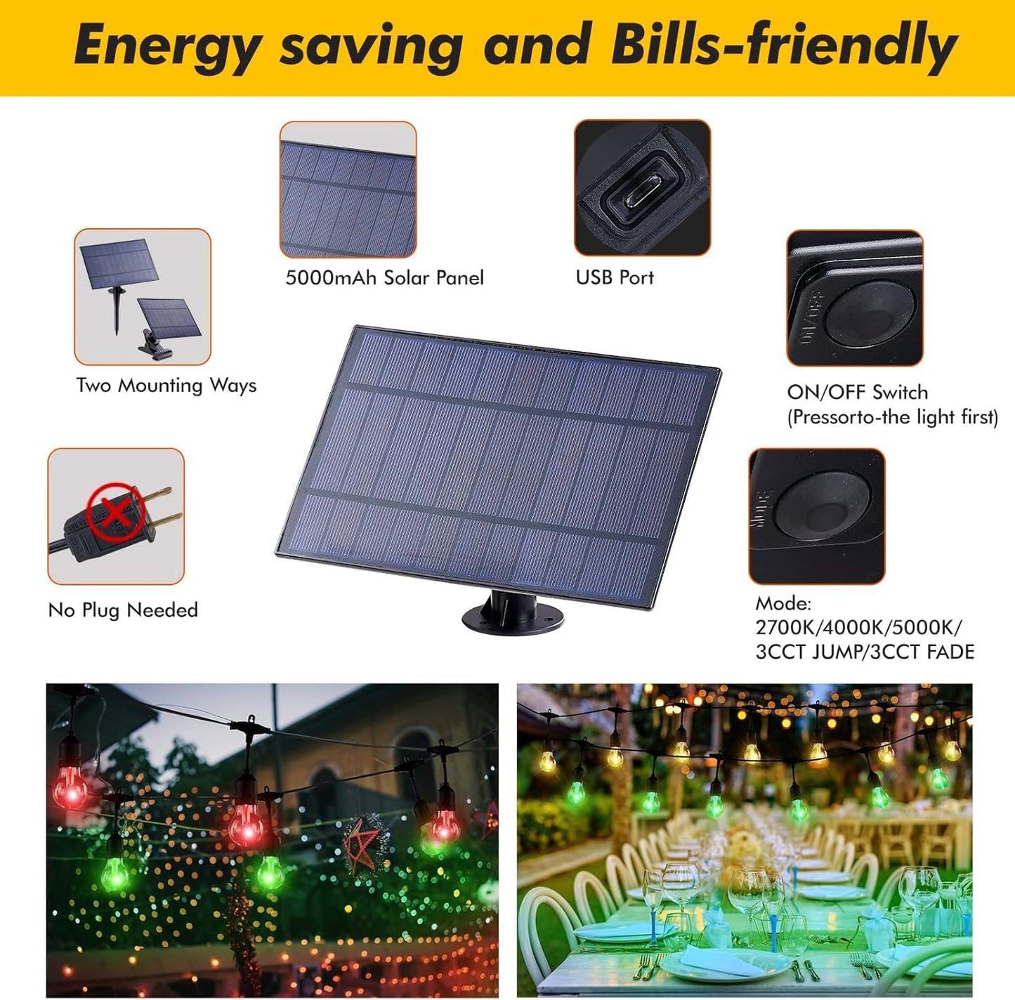 Auroraworld RGB Solar Outdoor String Lights, 200FT Dimmable Patio String Lights for Cafe