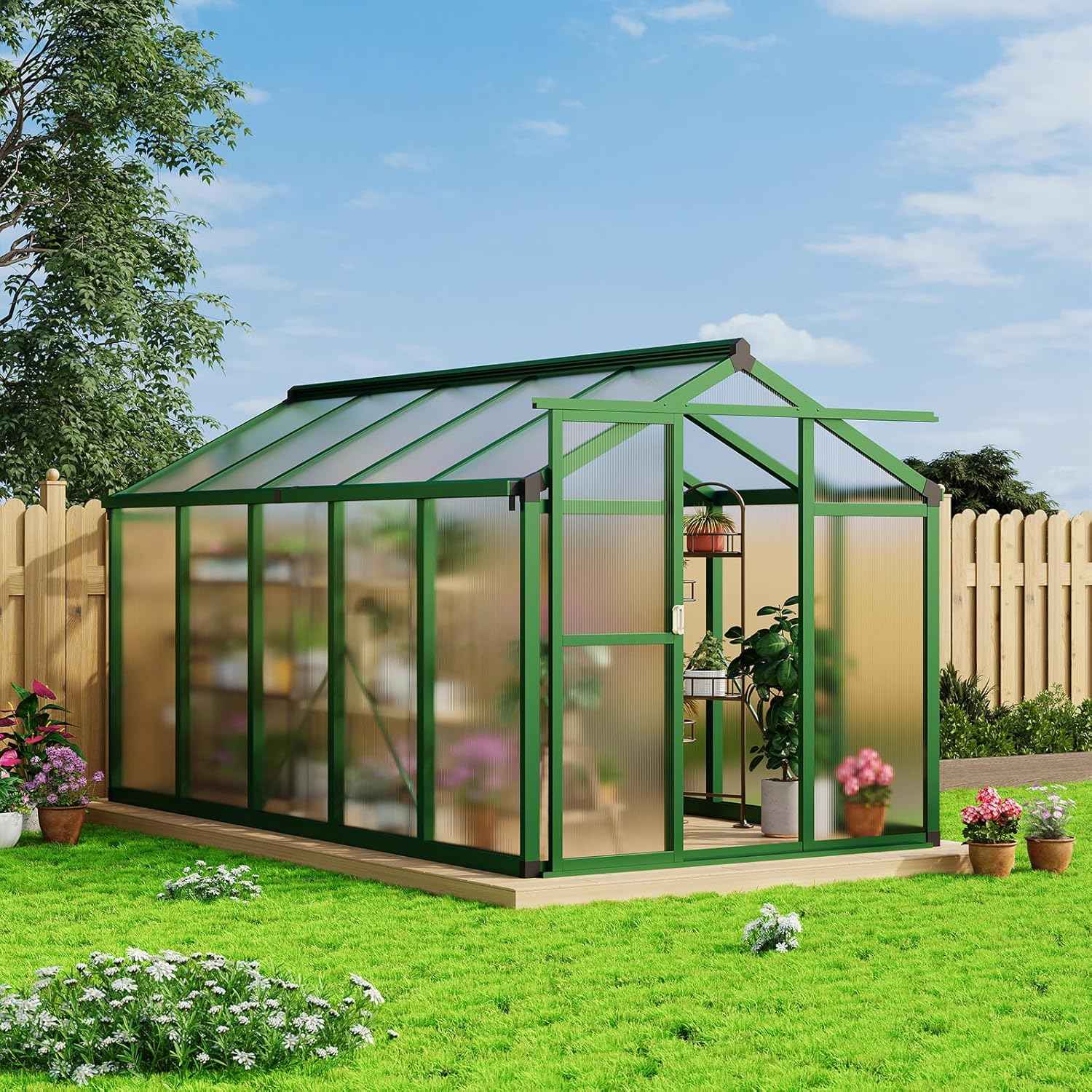 6x10 FT Greenhouse - Large Aluminum Greenhouses for Outdoors, Heavy Duty Polycarbonate Greenhouse with Roof Vent&Ground Nails, Walk-in Green Houses for Garden, Backyard, Patio, Easy Assembly