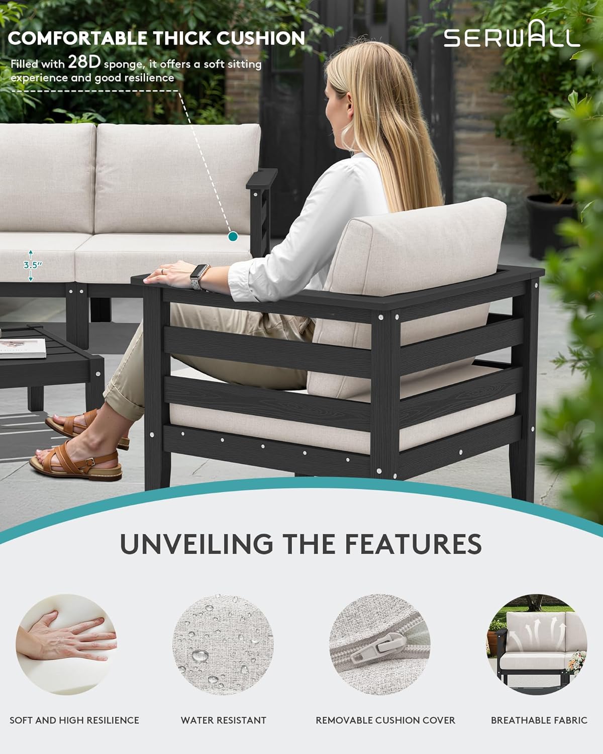 SERWALL HDPE Patio Furniture Set, 10 Pieces Outdoor Sectional Sofa Set, All-Weather Wood-Like Outdoor Sofa Couch with Coffee Table for Deck, Lawn, Black Frame with Khaki Cushion