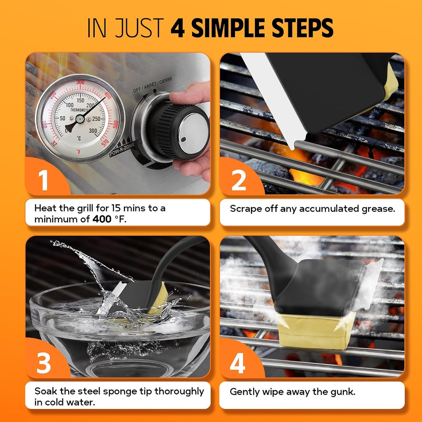 MEKER Grill Brush Bristle Free, Grill Cleaner Brush with 3 BBQ Replacement Head, Seamless Scraper Tool for Cast Iron, Stainless Steel Grates, Safe Grill Scraper Outdoor BBQ Grill, Black