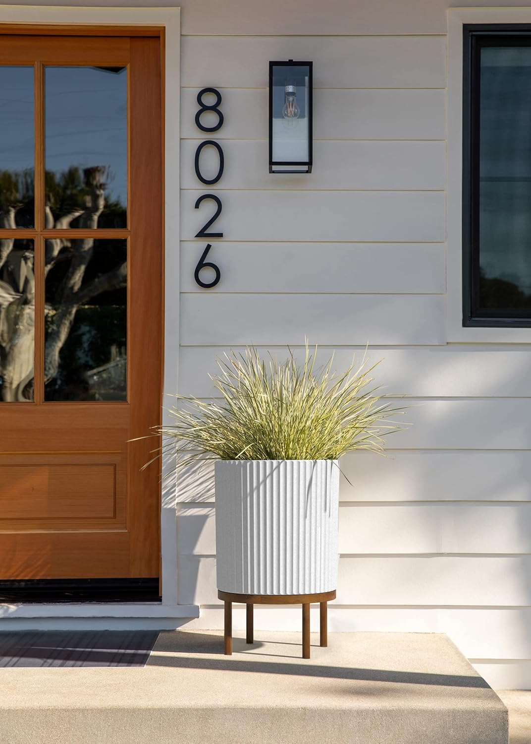 Veradek Demi Series Round Planter w/ Stand for Porch/Patio | Durable Plastic-Concrete & Wooden Stand | Modern Décor for Tall Plants, Flowers