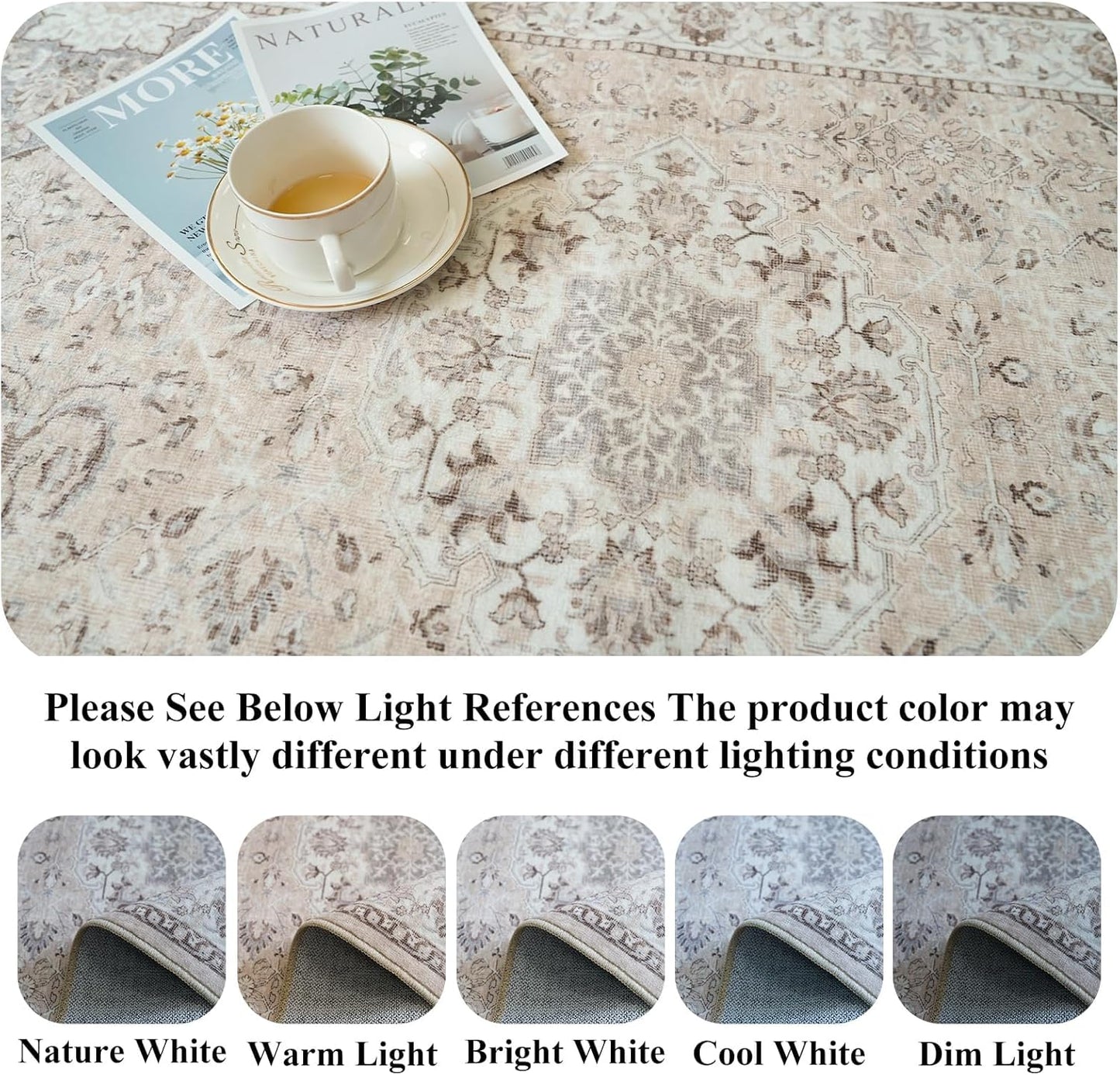 Washable 8ft Round Area Rug - Living Room Oriental Non Slip Soft Rugs Indoor Low Pile Stain Resistant Carpet for Bedroom Dining Room Farmhouse Distressed Thin Home Decor Floor Mat(8Round,Beige)