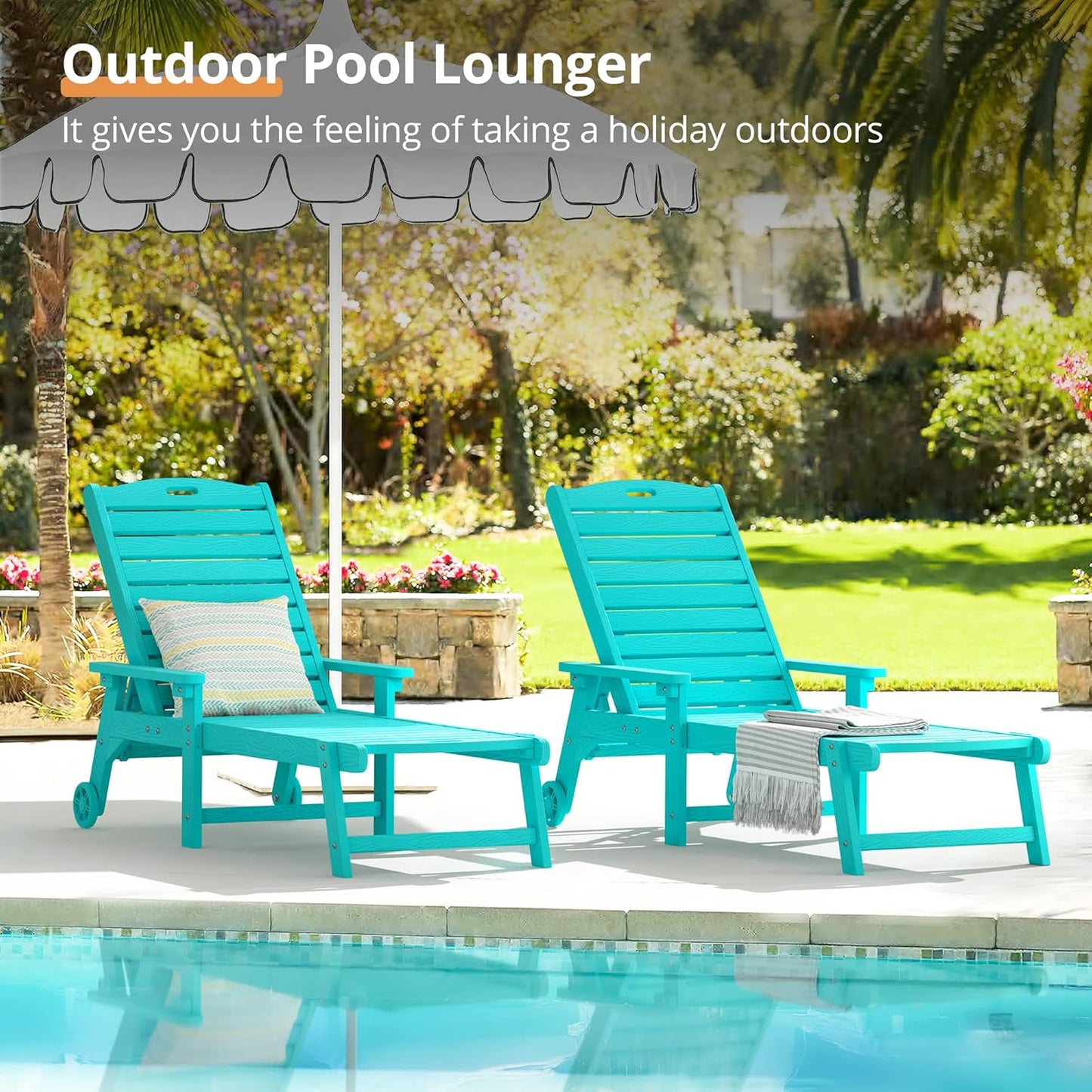 LUE BONA Chaise Lounge Chairs Set with Table, 3-Piece, 79'' Oversized HDPS Chaise Lounger, 5 Positions Adjustable Lounge Chairs, Pool Lounge Chair with Wheels for Poolside, 3 Year Warranty, Aruba Blue