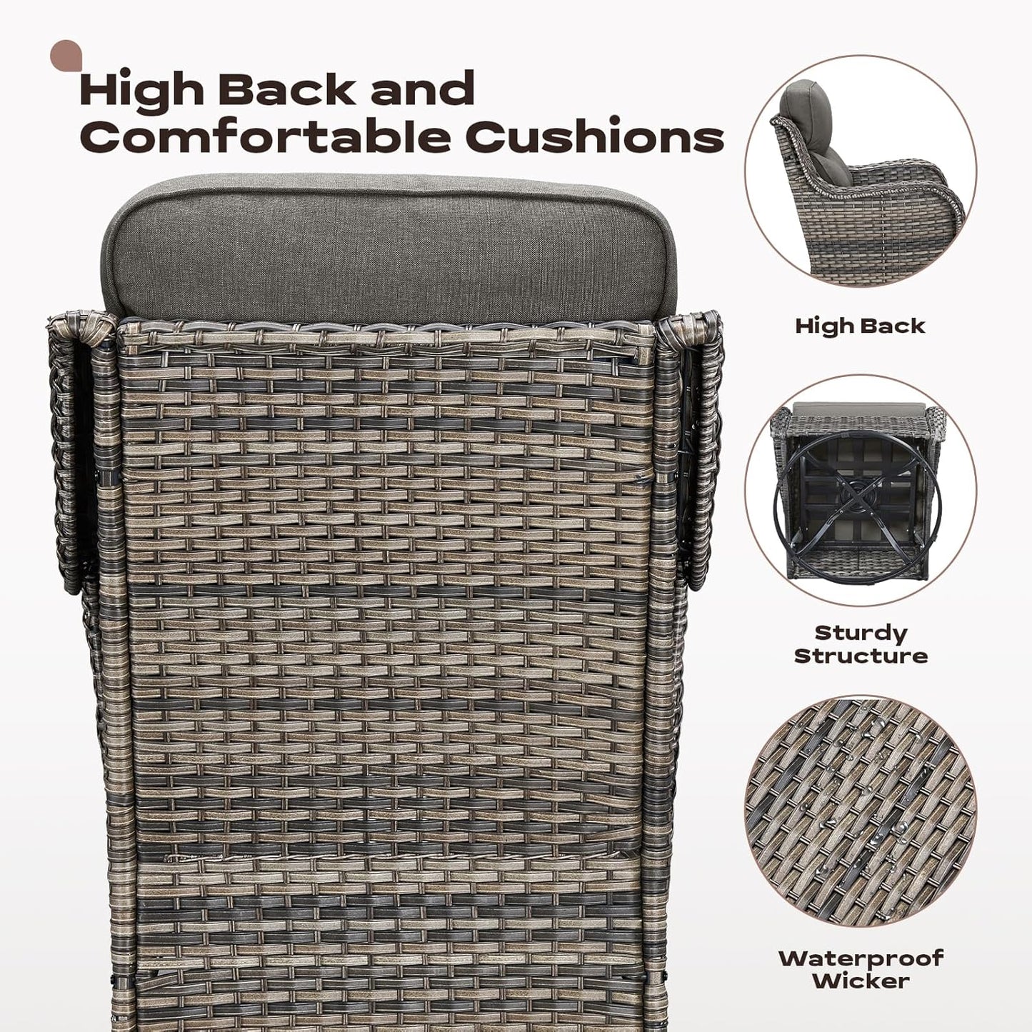 Wicker Outdoor Patio Furniture Set - 5 Piece Patio Conversation Sets with Swivel Rocker Chairs, Ottomans and Sofa, 6 inch Cushions, Waterproof Wicker, for Porch Deck Mixed Grey/Grey