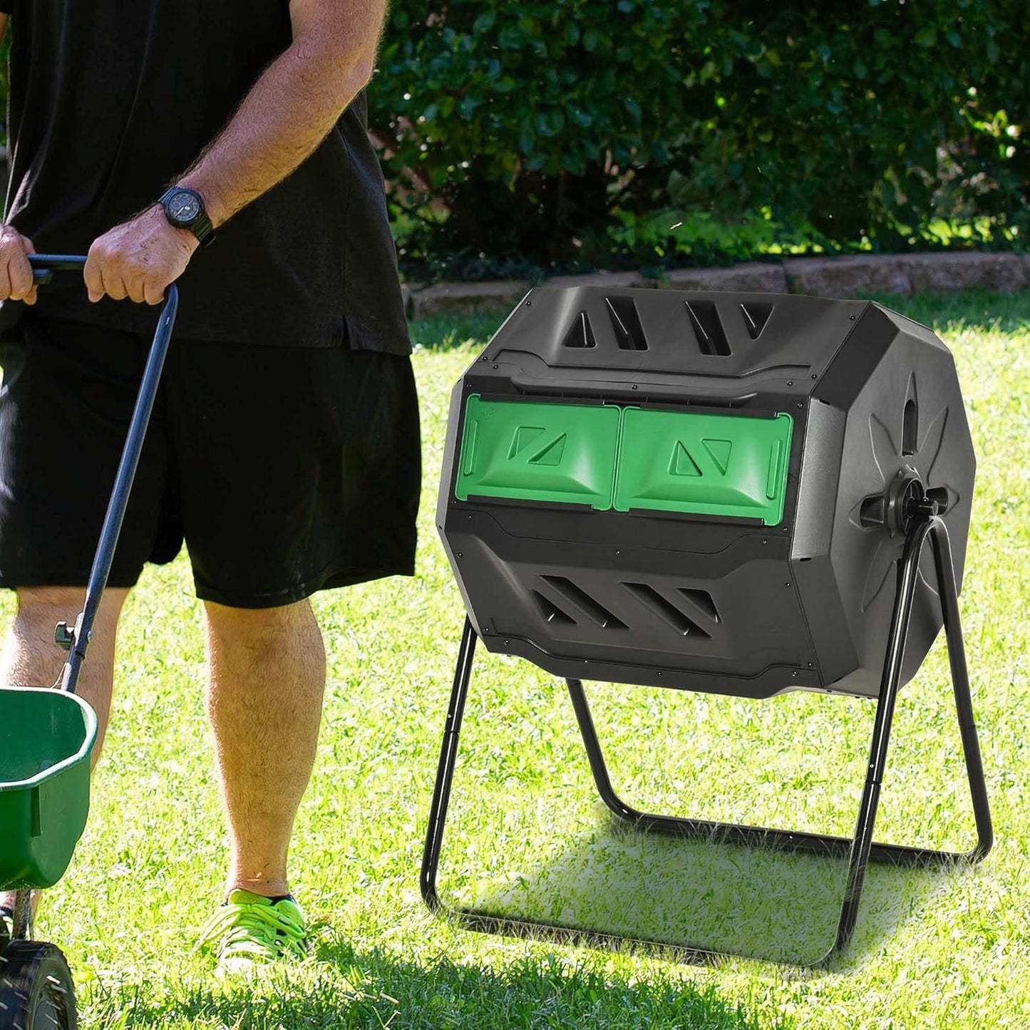 Compost Bin Outdoor, 43 Gallon Dual Chamber Tumbling Composting with Sliding Doors, Large Compost Tumbler, Compost Bin for Garden, Kitchen, and Yard Waste, Black+Green