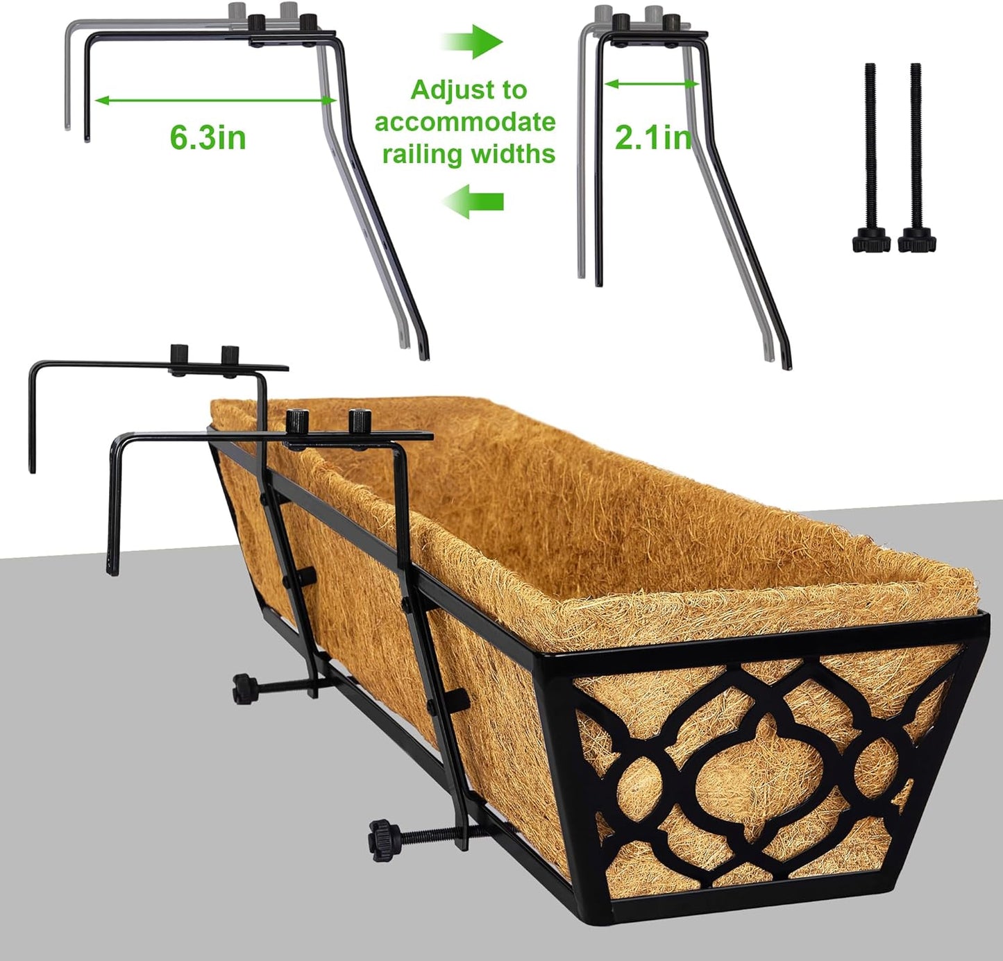 Y&M Railing Planter Boxes 24 Inch 2 Pack, Hanging Balcony Planter, Adjustable Deck Railing Planter Box, Metal Window Boxes Outdoor for Fence, Porch Flower Pots Holder