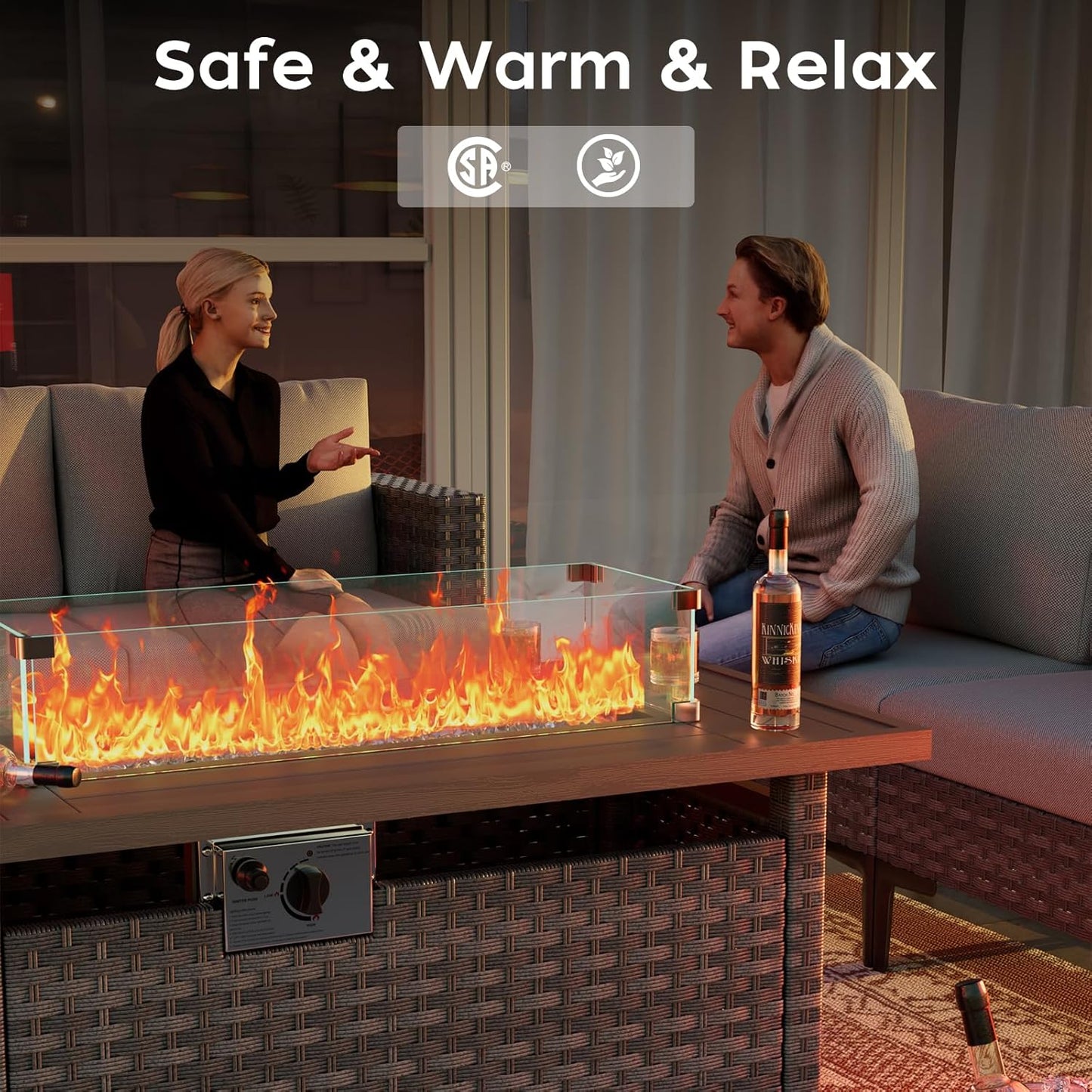 Propane Fire Pit Table Outdoor, 44" 60000BTU Auto-Ignition Fire Pits Table with Wind Guard Square Large Wicker Propane Firepits for Porch Garden(Grey,CSA Certified)