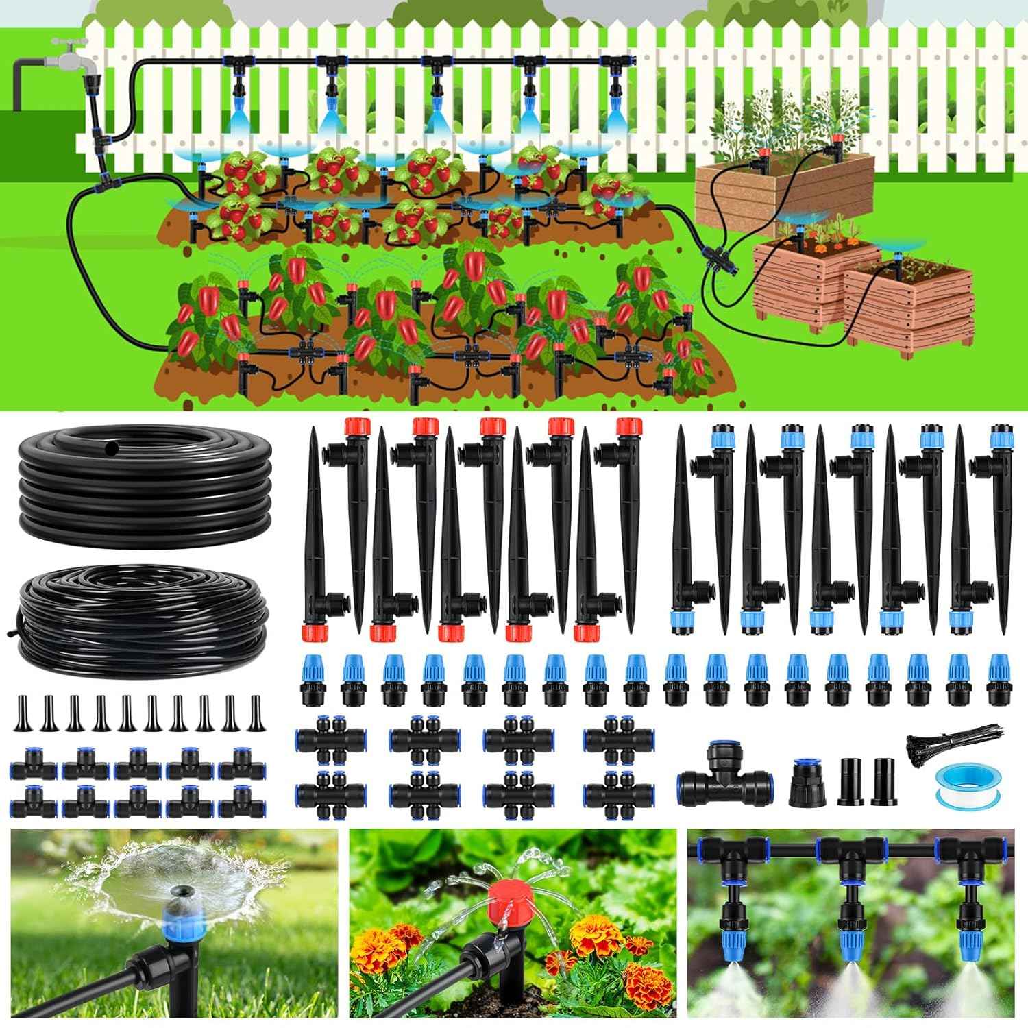 240FT Drip Irrigation System Kit Quick-Connect, Automatic Garden Watering System for Raised Garden Beds, Greenhouse, Yard, Lawn, Plant with 1/2 inch Hose 1/4 inch Distribution Tubing and Accessories