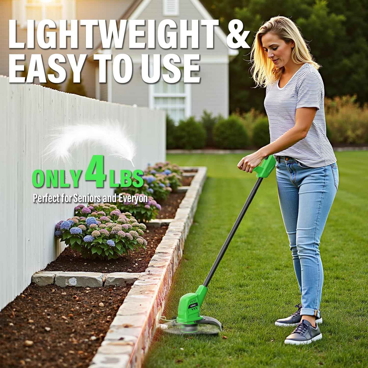Cordless Weed Wacker 20V, 2×2.0Ah Battery Powered String Trimmer with Charger, 10-Inch Electric Grass Trimmer Edger for Yard and Garden, Green