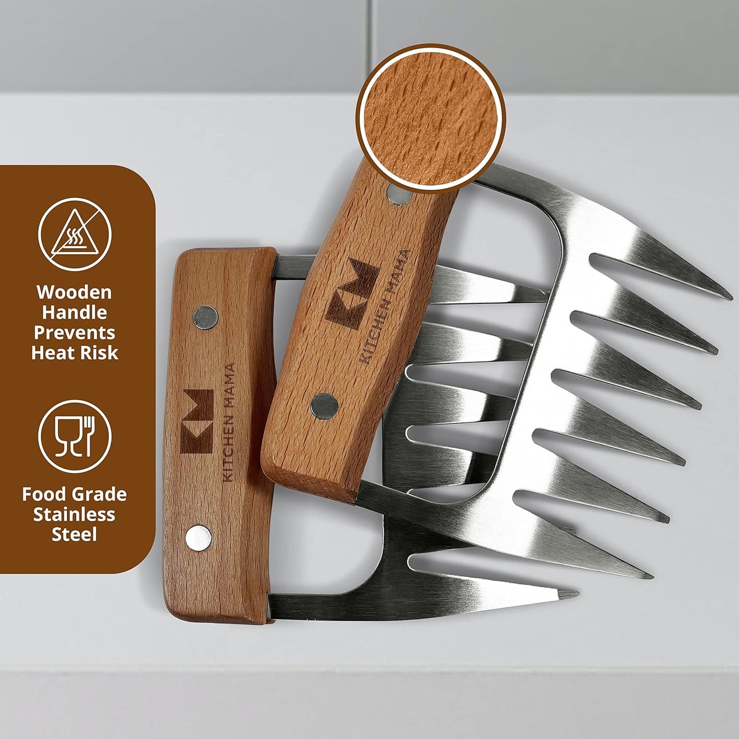 Kitchen Mama Meat Claws: Stainless Steel Shredder Claws with Wooden Handle for BBQ, Shredding, Pulling Pork, Chicken, Beef, and Turkey - Perfect for Grill Masters (1 Pair) - Lumora Garden