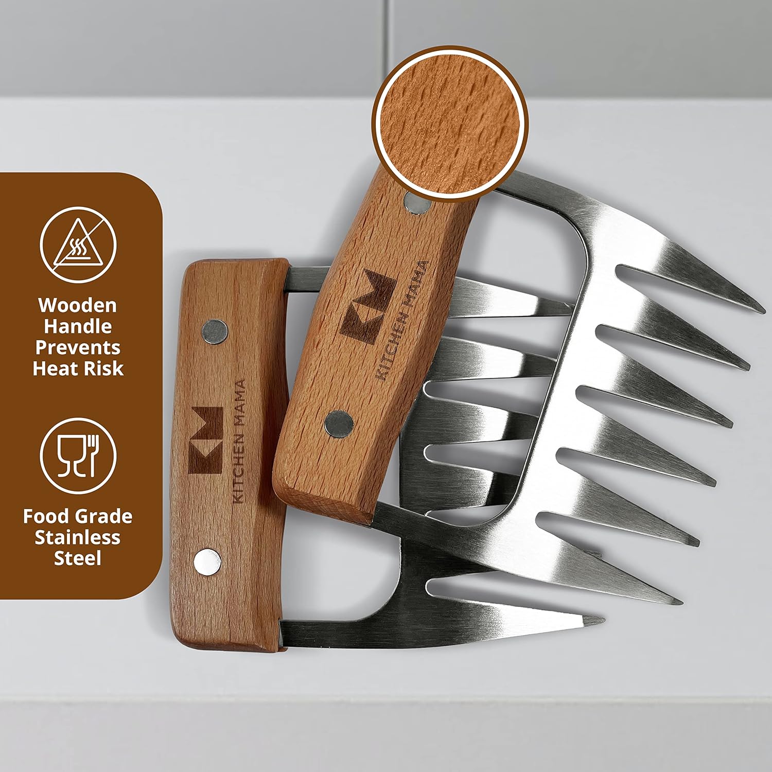 Kitchen Mama Meat Claws: Stainless Steel Shredder Claws with Wooden Handle for BBQ, Shredding, Pulling Pork, Chicken, Beef, and Turkey - Perfect for Grill Masters (1 Pair) - Lumora Garden