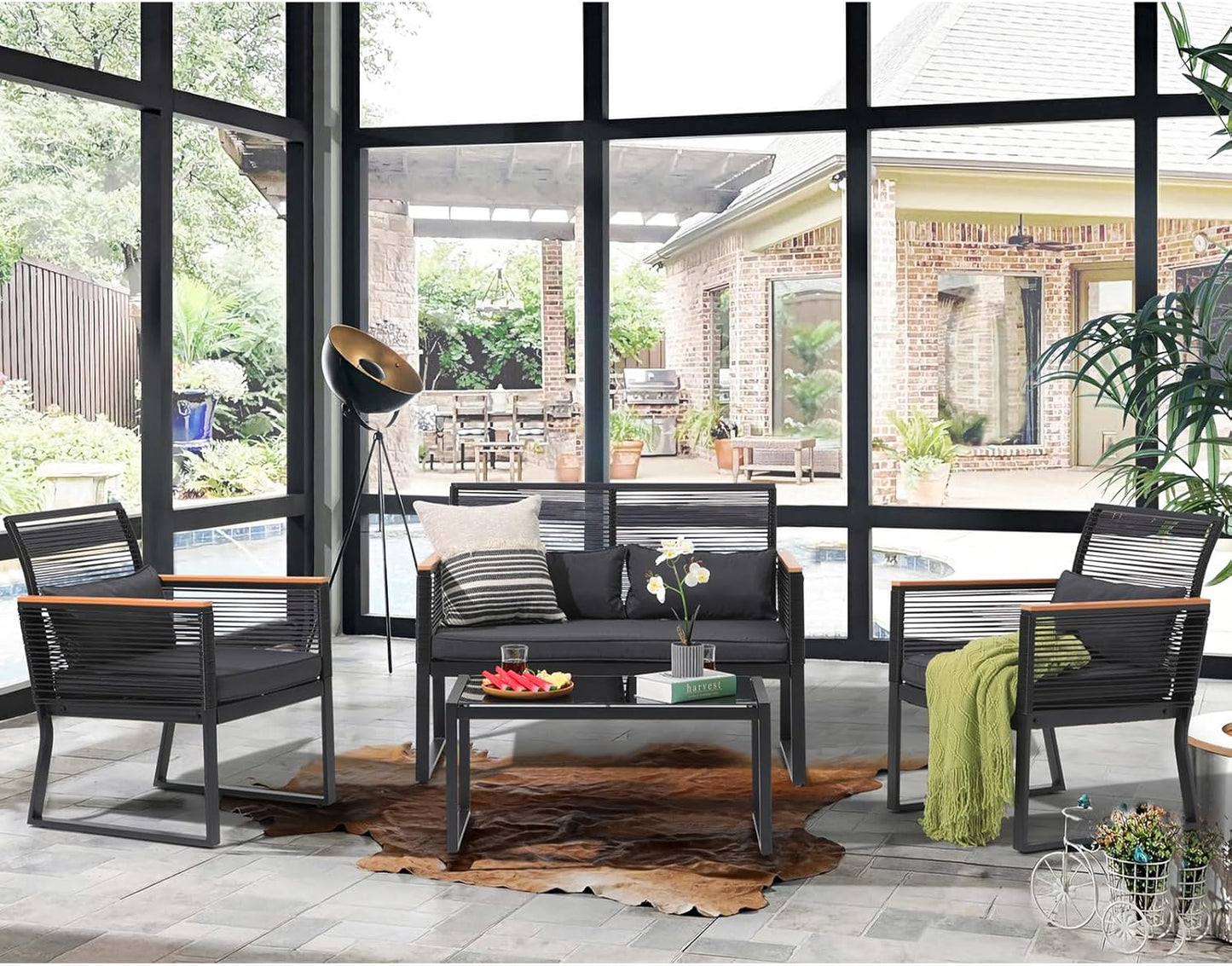 Patiorama 4 Piece Patio Furniture Set, Outdoor Wicker Bistro Set, All-Weather Black PE Rattan Conversation Set w/Coffee Table, Loveseat, Wood-Like Armrest, Cushions for Garden Balcony Deck, Dark Grey