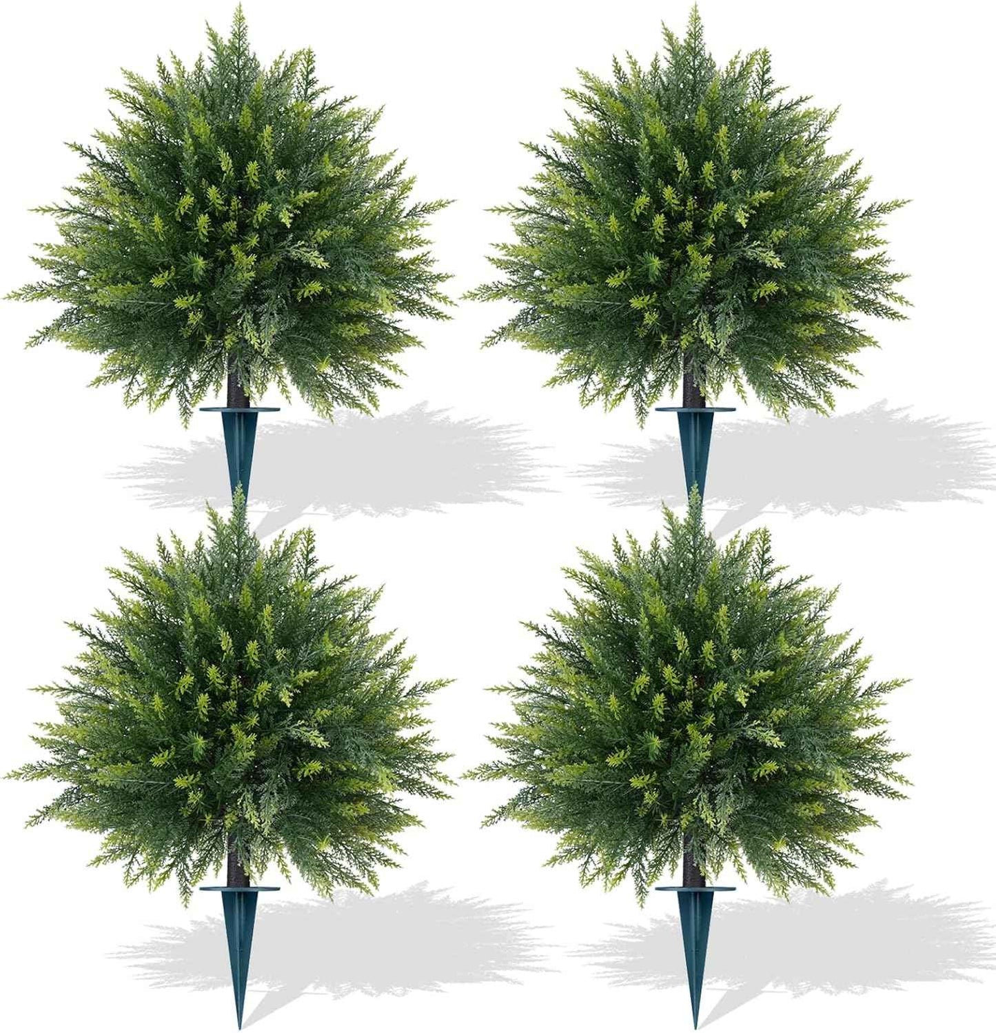 Artificial Cedar Topiary Trees with Ground Spike, 4 Pieces Fake Pine Shrubs Bushes, UV Resistant Faux Evergreen Cypress Tree Plants for Indoor Outdoor Planters Front Porch