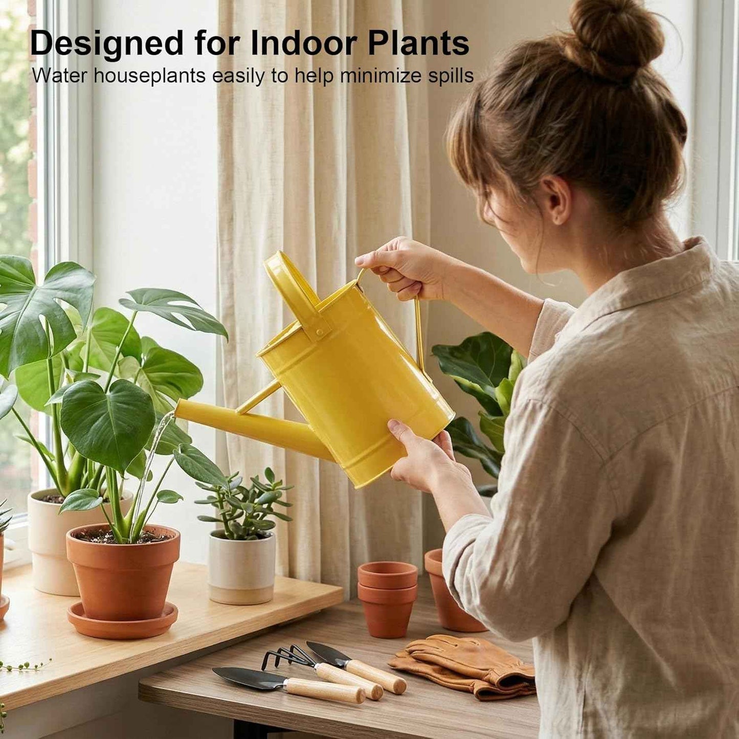 DUSVALLY Vintage Yellow Metal Watering Can for Indoor & Outdoor Plants, 55oz Decorative Garden Watering Can with Removable Sprinkler Spout, Farmhouse Plant Waterer