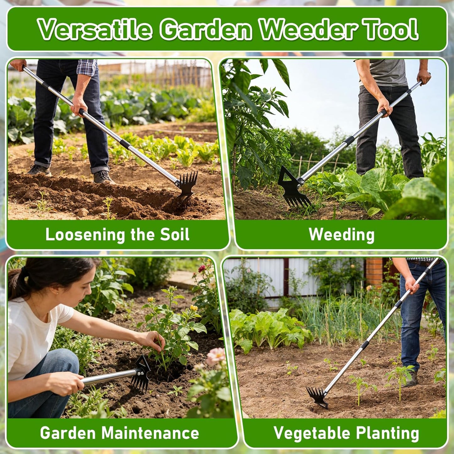 Upgraded Weed Puller Tool with Long Handle, 56" Manual Weeder Remover Tool, 2 in 1 Hand Weed Rake Garden Hoe for Gardening, Heavy Duty Uprooting Weeding Pull for Lawn, Yard, Patio Garden