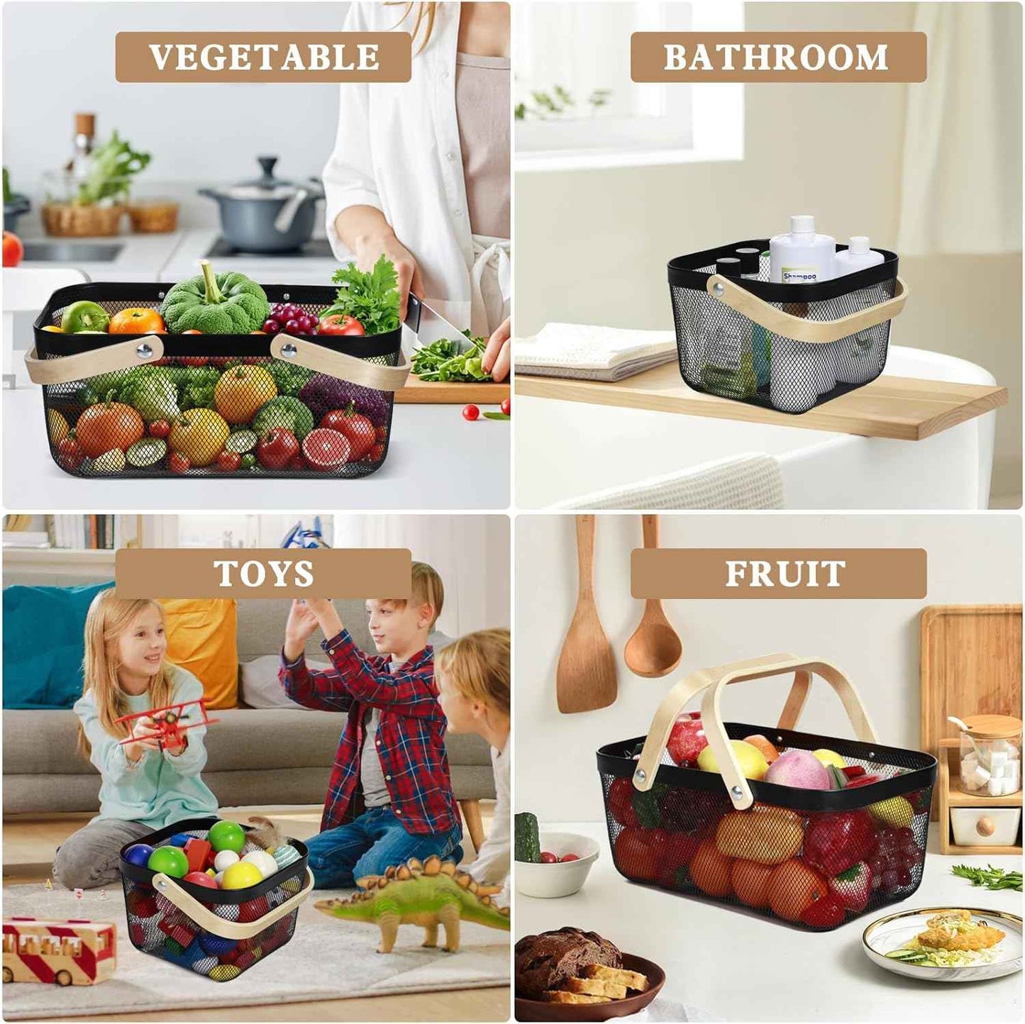 2 Pack Garden Harvest Basket, Metal Mesh Wire Picnic Basket with Handle, Rectangle Garden Baskets for Gathering Vegetables, Fruits, Kitchen, Home Cabinet Closet and Office(Black)