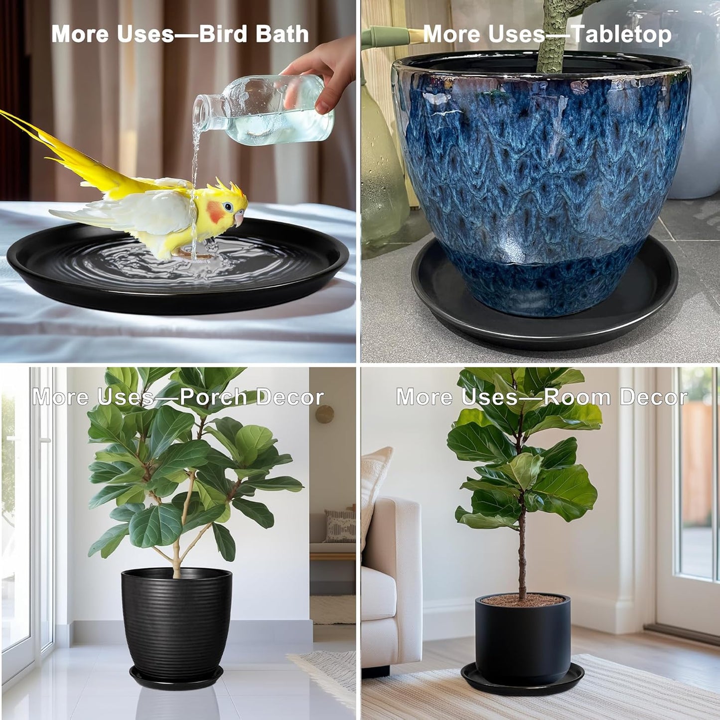 Flower Pot Saucer 12 Inch - Ceramic Plant Saucer for Outdoors Plant Drip Tray for Pots Indoor No Holes Large Plant Dishes to Catch Water Decorative Plant Drainage Tray Black