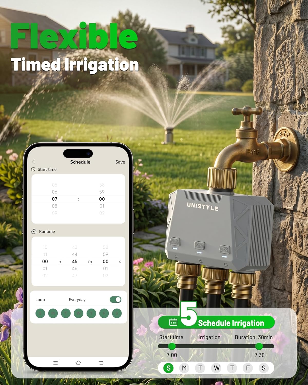 [All-New 2027] 1700FT WiFi Sprinkler Timer 3 Zone with Brass Inlet, Unistyle Smart Hose Timers Compatible Alexa & Google Voice, Water Timer for Garden Hose with Auto & Manual Modes for Garden Lawn