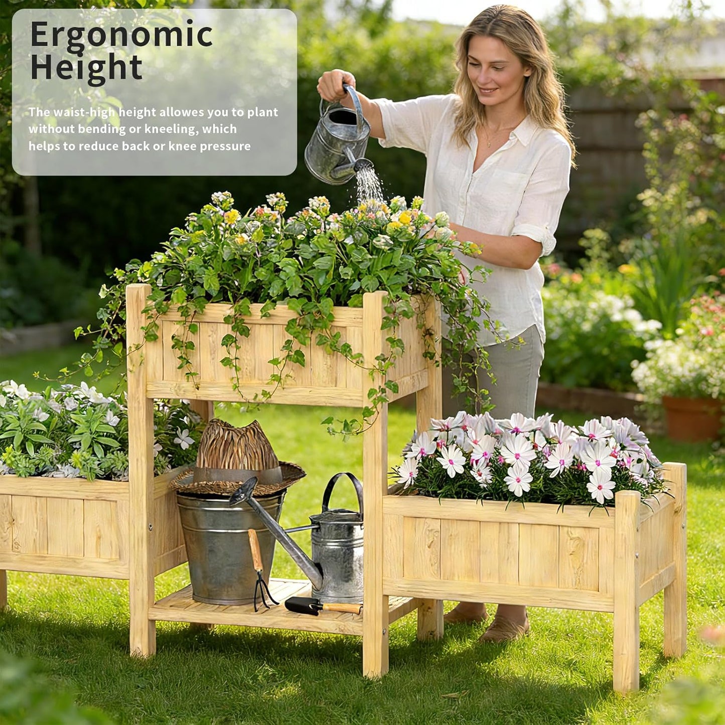 Extra Large Wooden Raised Garden Bed with Legs & Storage Shelf 3 Tier Outdoor Elevated Planter Box for Patios/Herbs/Flowers/Vegetables, Easy Assembly, Natural