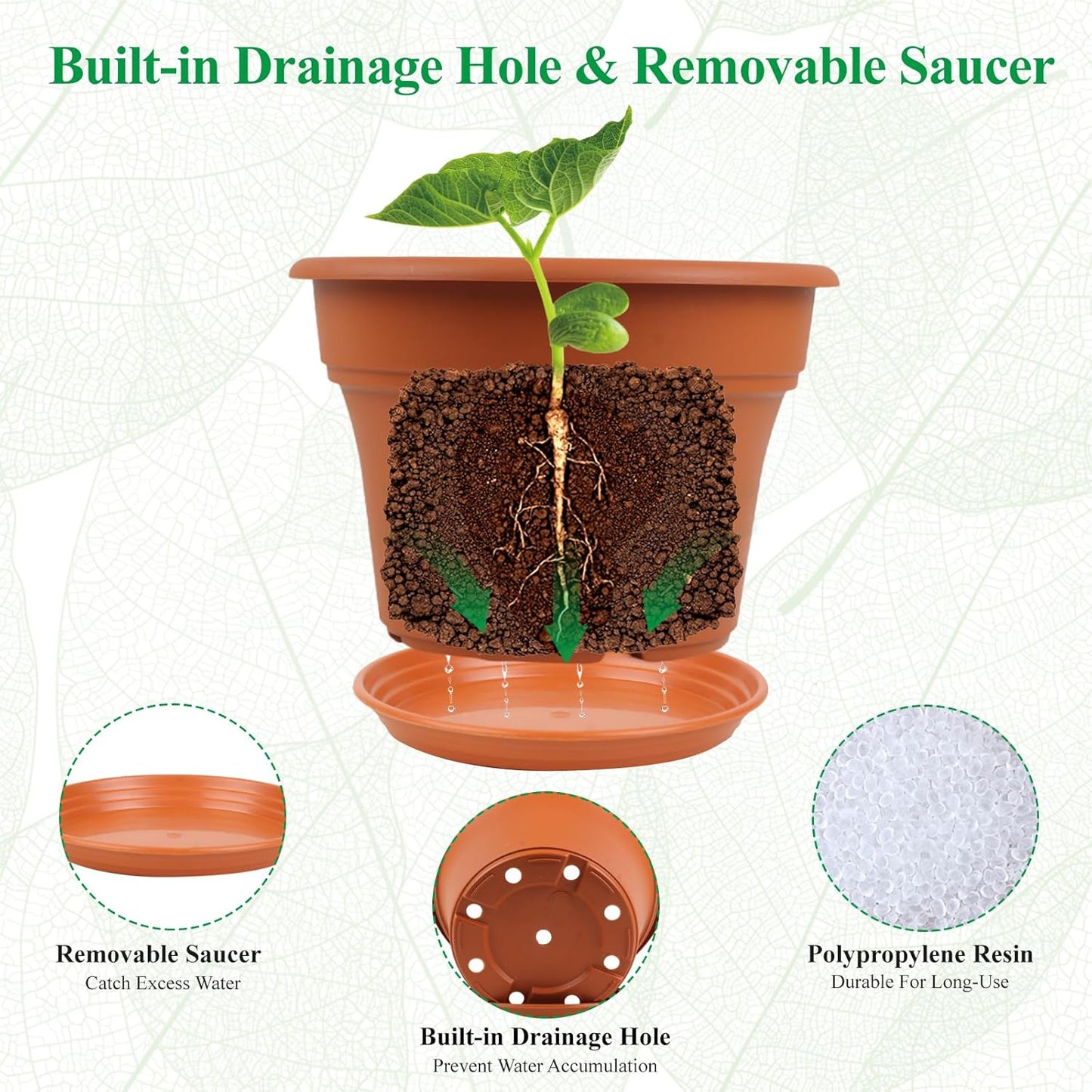 13 Inch Plastic-Flower-Pot-for-Indoor-Plants, 4 Pack Large Outdoor Planter Pot with Drainage Holes & Saucers, Resin Decorative Garden Pots Planters