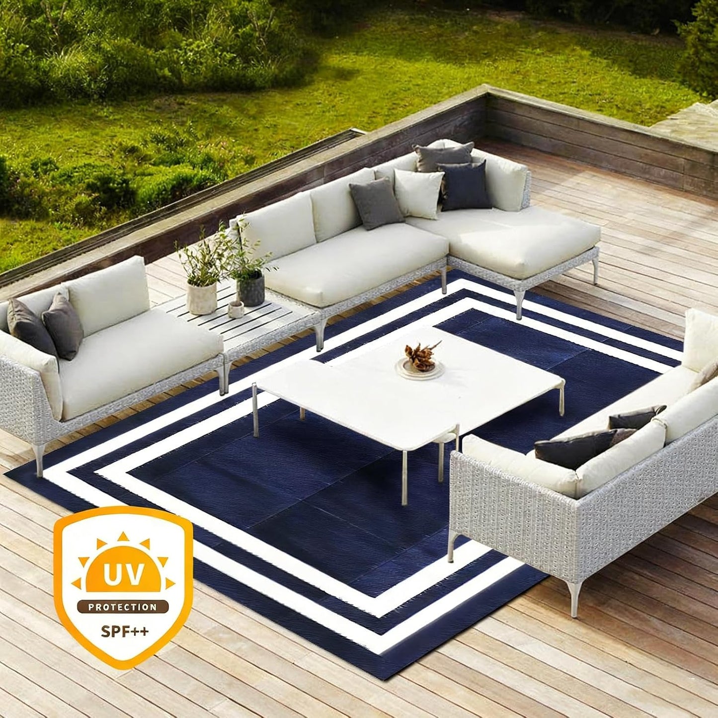 5'x 8' Outdoor Rug,Waterproof Reversible Patio Rugs,5x8 ft Plastic Straw Outdoor Carpet Foldable Plastic Camping Mat for Outside RV, Patio,Picnic,Camper,Balcony,Porch(Navy Blue &White)