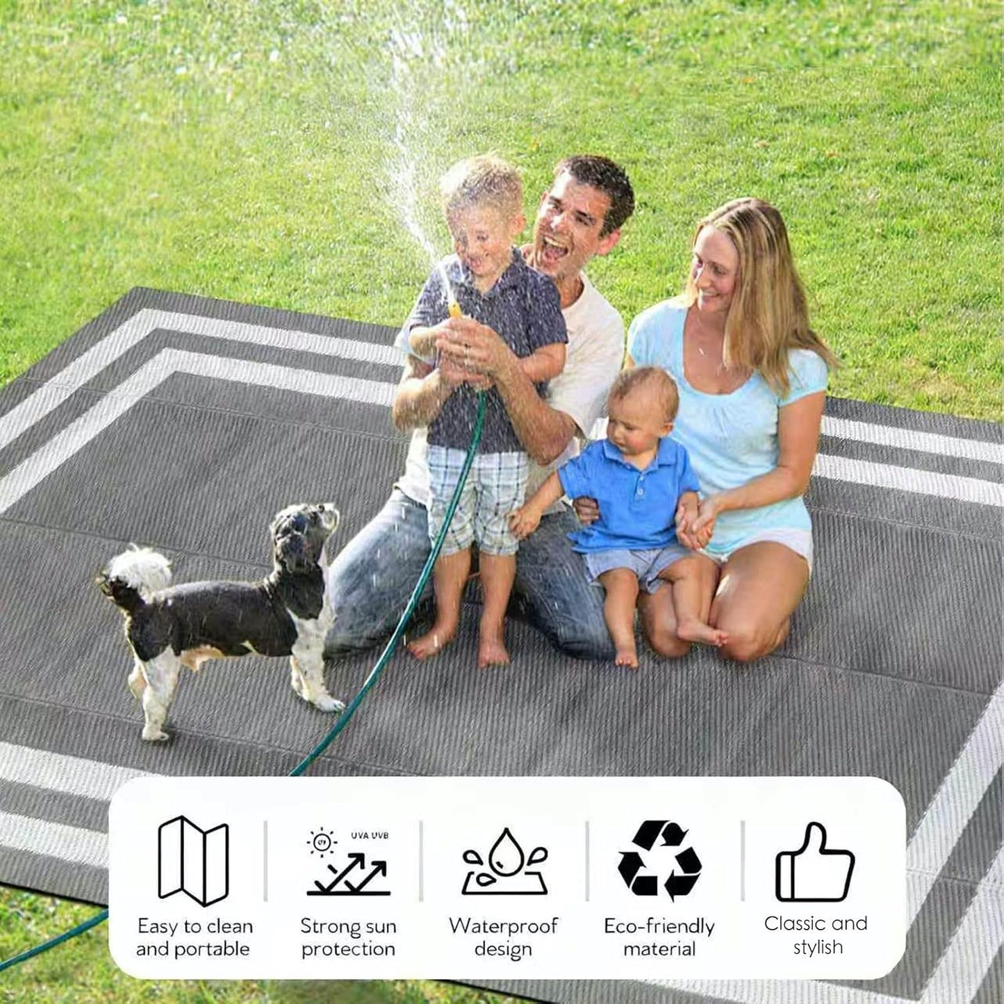 9'x 12' Outdoor Rug,Waterproof Reversible Patio Rugs,9x12 ft Plastic Straw Outdoor Carpet Foldable Plastic Camping Mat for Outside RV, Patio,Picnic,Camper,Balcony,Porch(Gray&White)