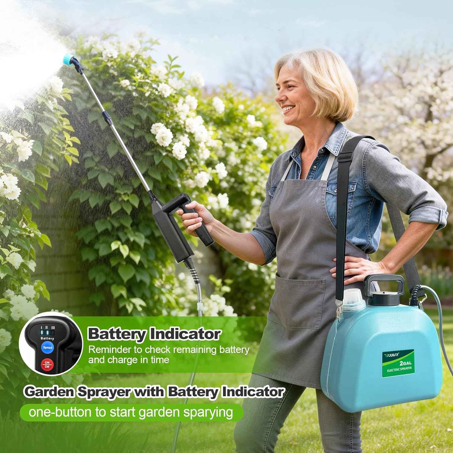 VAXMAY Battery Powered Sprayer 2 Gallon, Upgrade Electric Garden Sprayer with 3 Adjustable Speed, Battery Indicator, 4 Mist Nozzles, Rechargeable Handle, Retractable Wand, Shoulder Strap for Weed Lawn