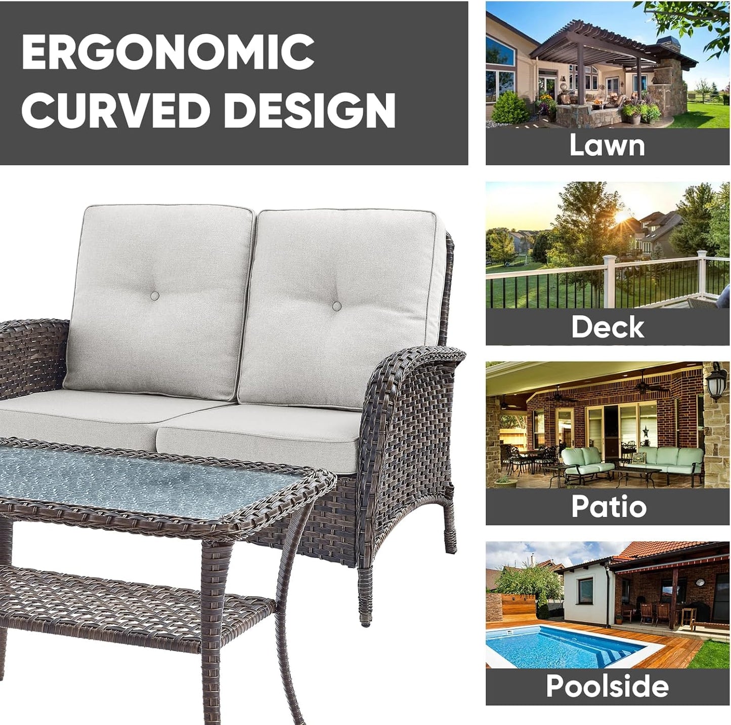 HUMMUH Outdoor Loveseat Sofa 2-Seat PE Wicker Outdoor Couch with Coffee Table, Deep Seat High Back Patio Furniture for Patio, Garden, Porch, Deck (Beige)