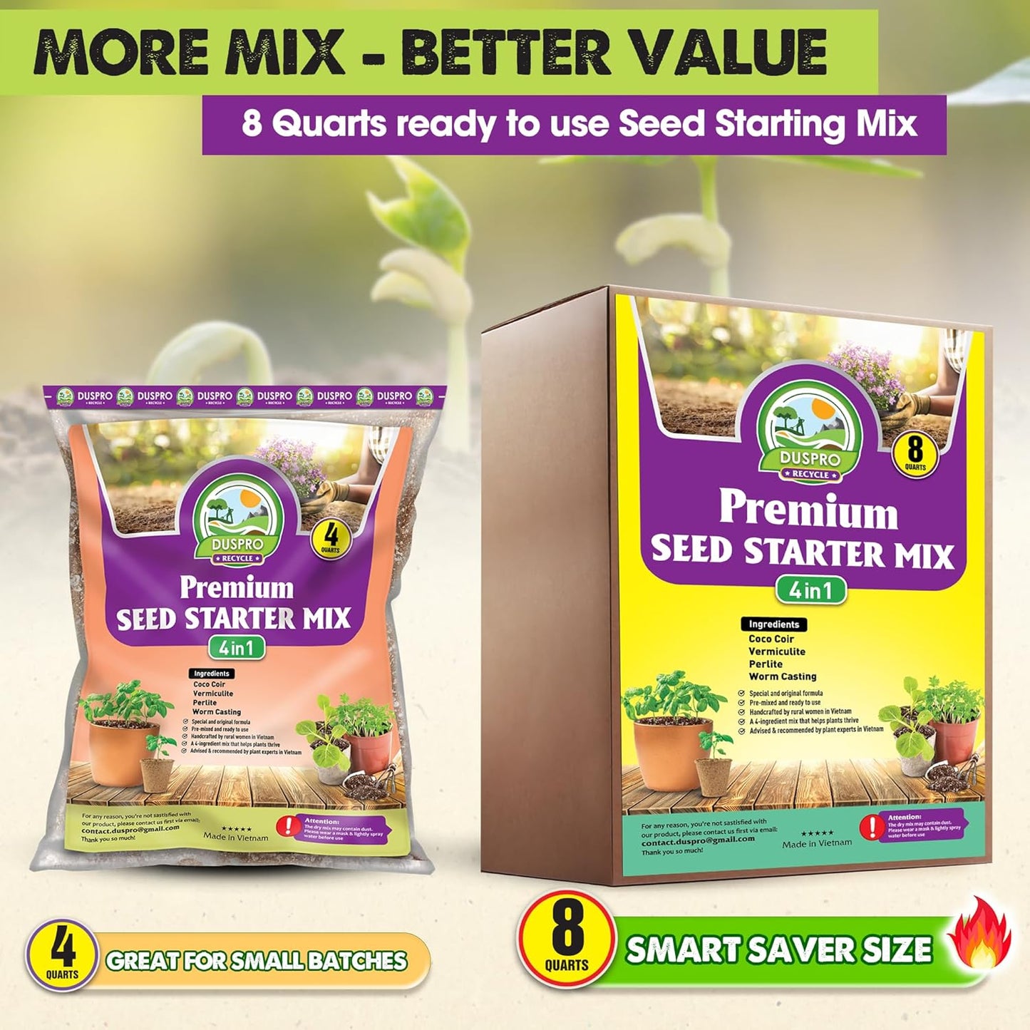 Seed Starter Potting Soil Mix, 8 Dry Quarts, Ready-to-Use Peat-Free Coco Coir Seed Starting Mix 4-in-1 Blend with Perlite, Vermiculite & Worm Castings for Germination & Seedlings