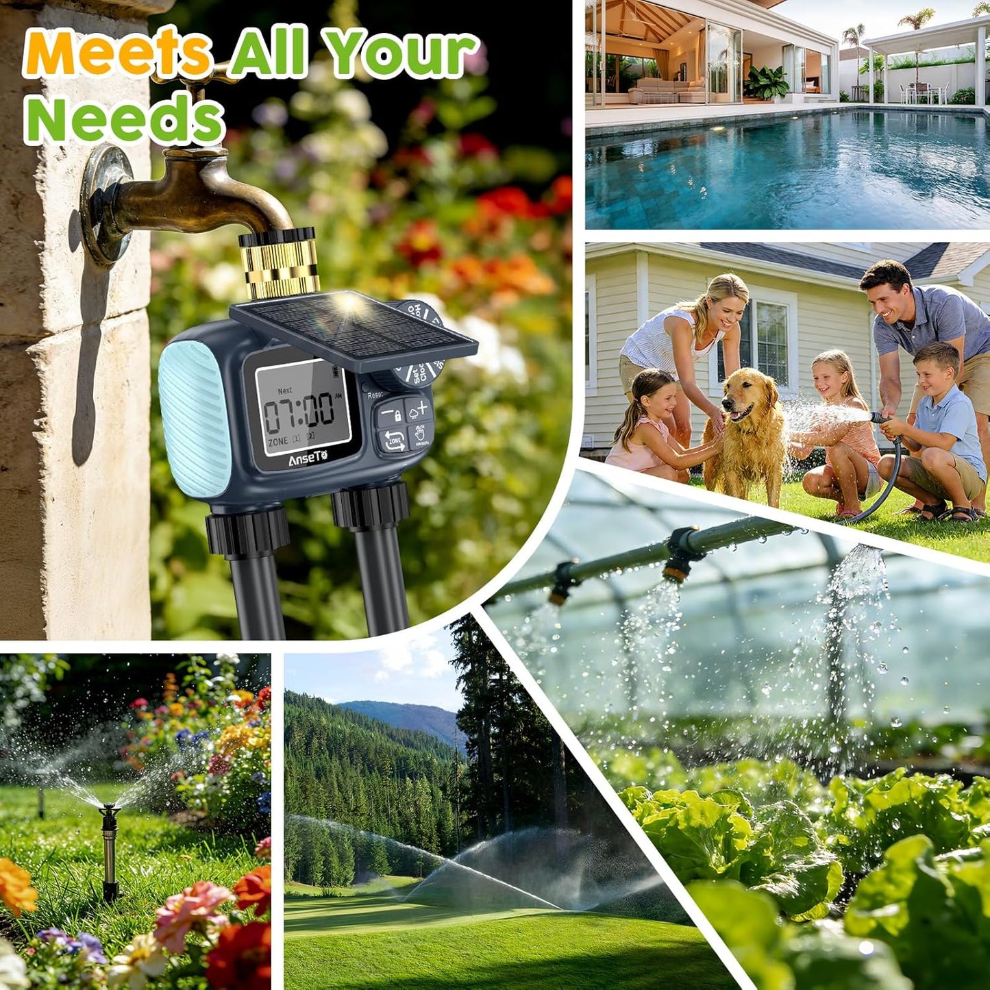 Solar Sprinkler Timer,Brass Inlet Hose Timer for Garden Hose,Programmable Water Timers,Plant Watering Devices,Garden Watering System, Rain Delay/Manual/Automatic Irrigation System, 2 Outlet