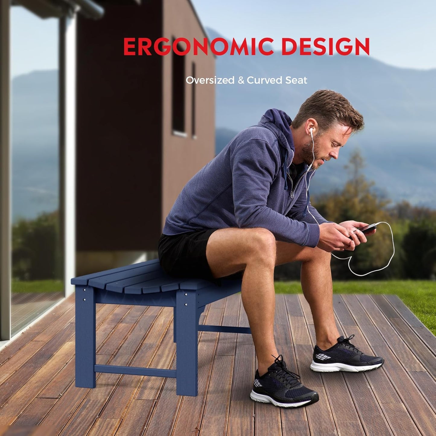 Outdoor Benches Weatherproof, All Weather Resistant Park Bench Poly Lumber Backless Garden Bench Seat for Entryway Front Porch, Navy Blue