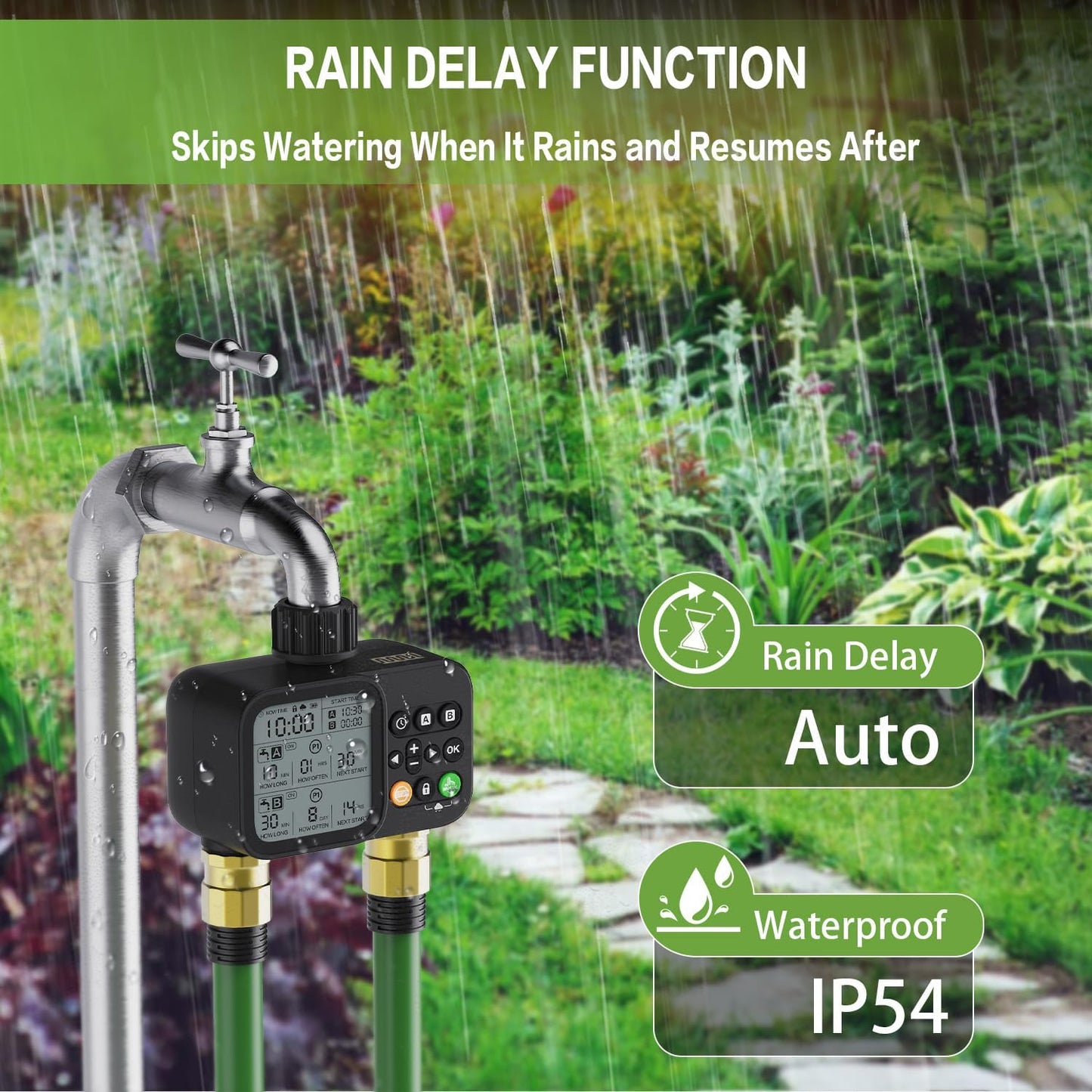 Sprinkler Timer 2 Outlets, Programmable Water Hose Timer with Rain Delay/Manual/Automatic Watering System, Outdoor Digital Automatic Irrigation for Garden Yard Lawn with Large Display(Black)