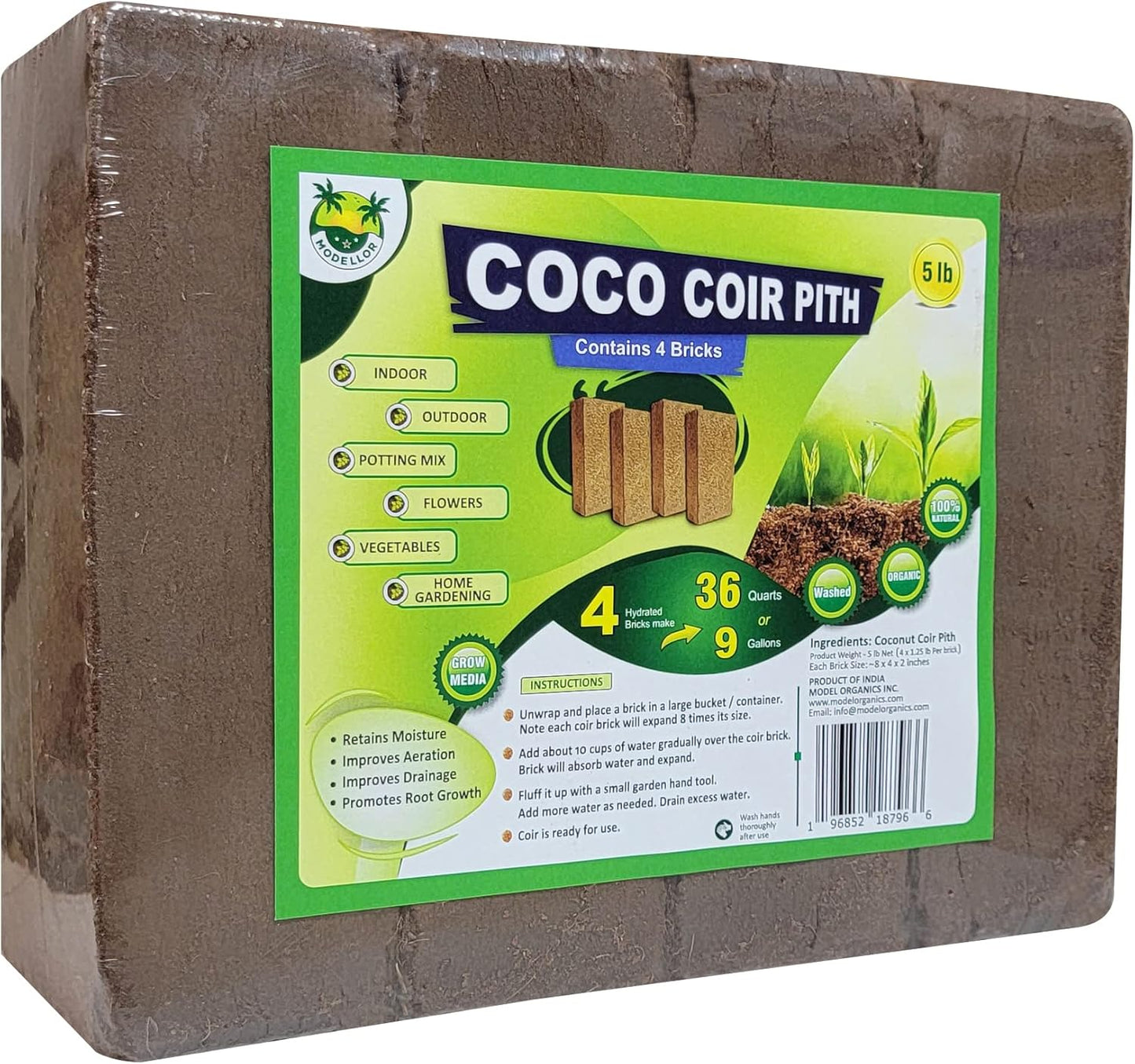 4 Bricks (5 lb) Modellor Premium Super Washed Coco Coir, Yields 9 gallons [36 quarts], Seed Starter, Organic, pH Balanced, Gardening, Indoor, Outdoor use.