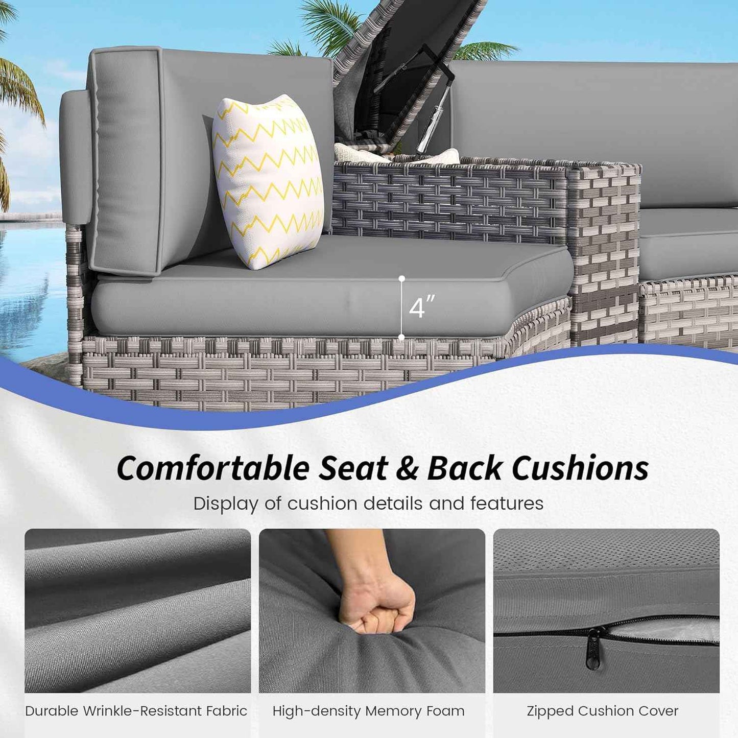 Patio Sectional Furniture, Outdoor 7-Piece Rattan Curved Sofa Set, Curved Patio Furniture with Coffee Table, Fit for Pool Backyard Balcony Porch Lawn (Grey)