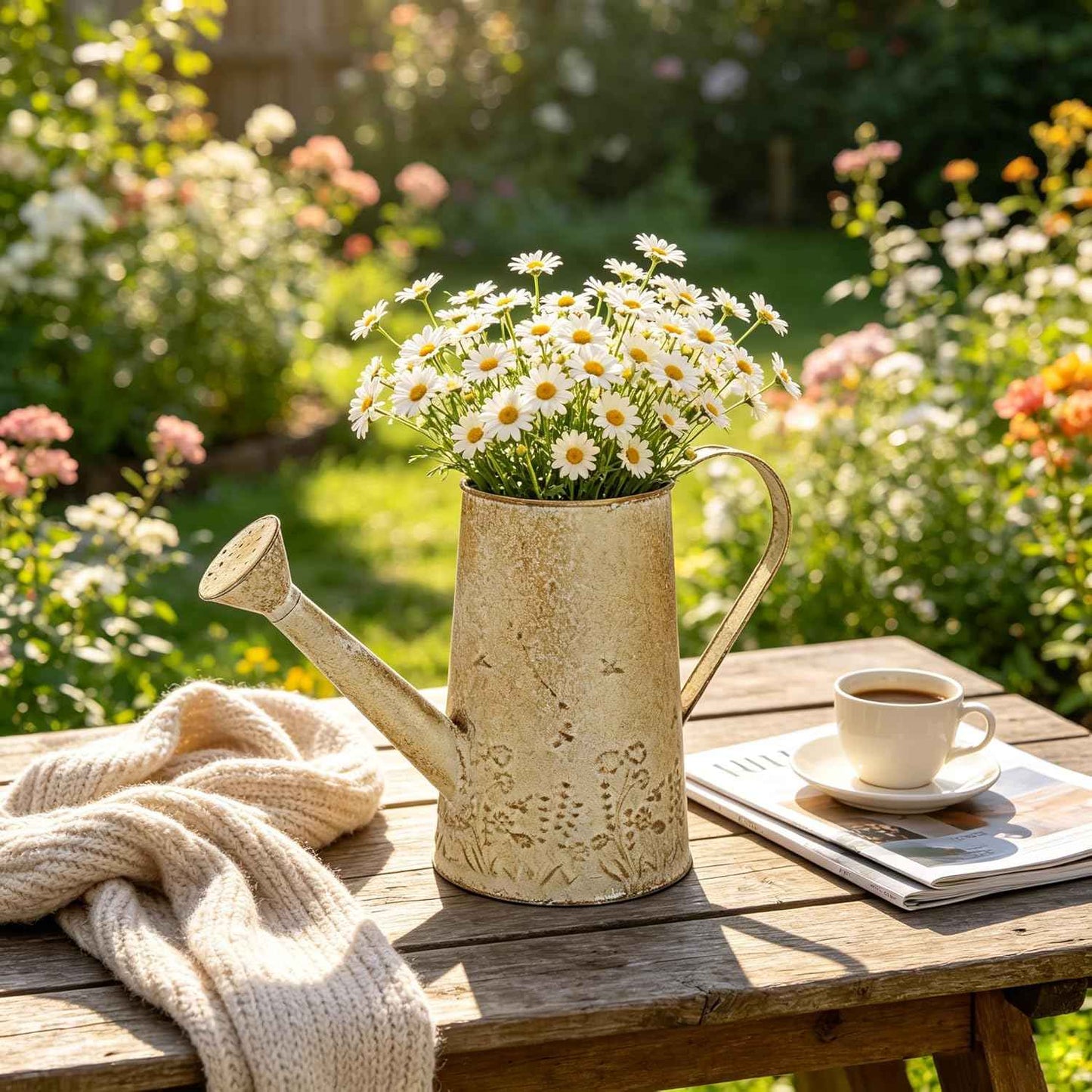 Vintage Metal Watering Can with Floral Embossed Design Garden Distressed Gold Decorative Watering Pot Planter Farmhouse Waterer for Home Indoor Outdoor Garden Balcony Courtyard